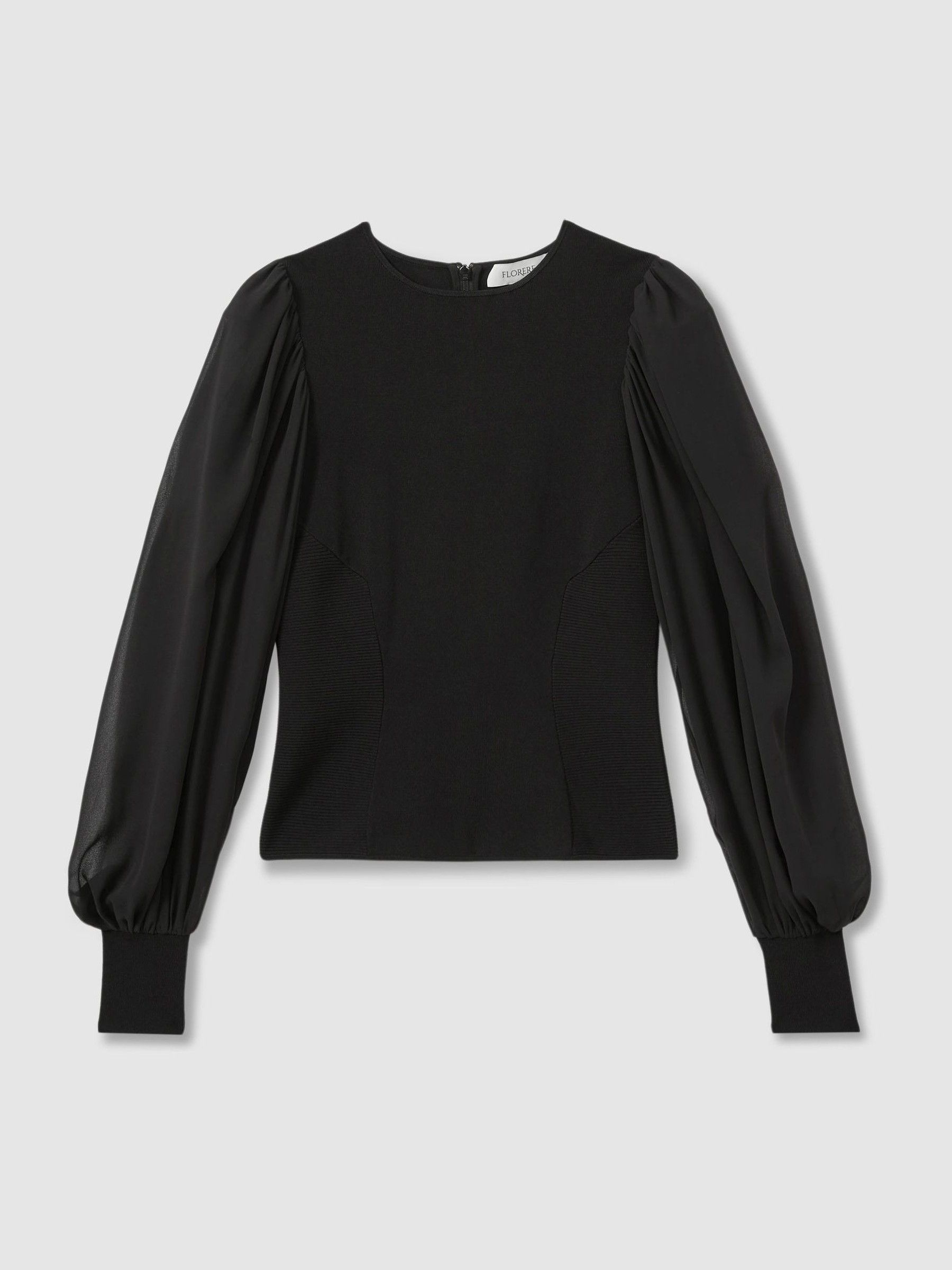 Florere Hybrid Knit Sheer Sleeve Black Top in Black