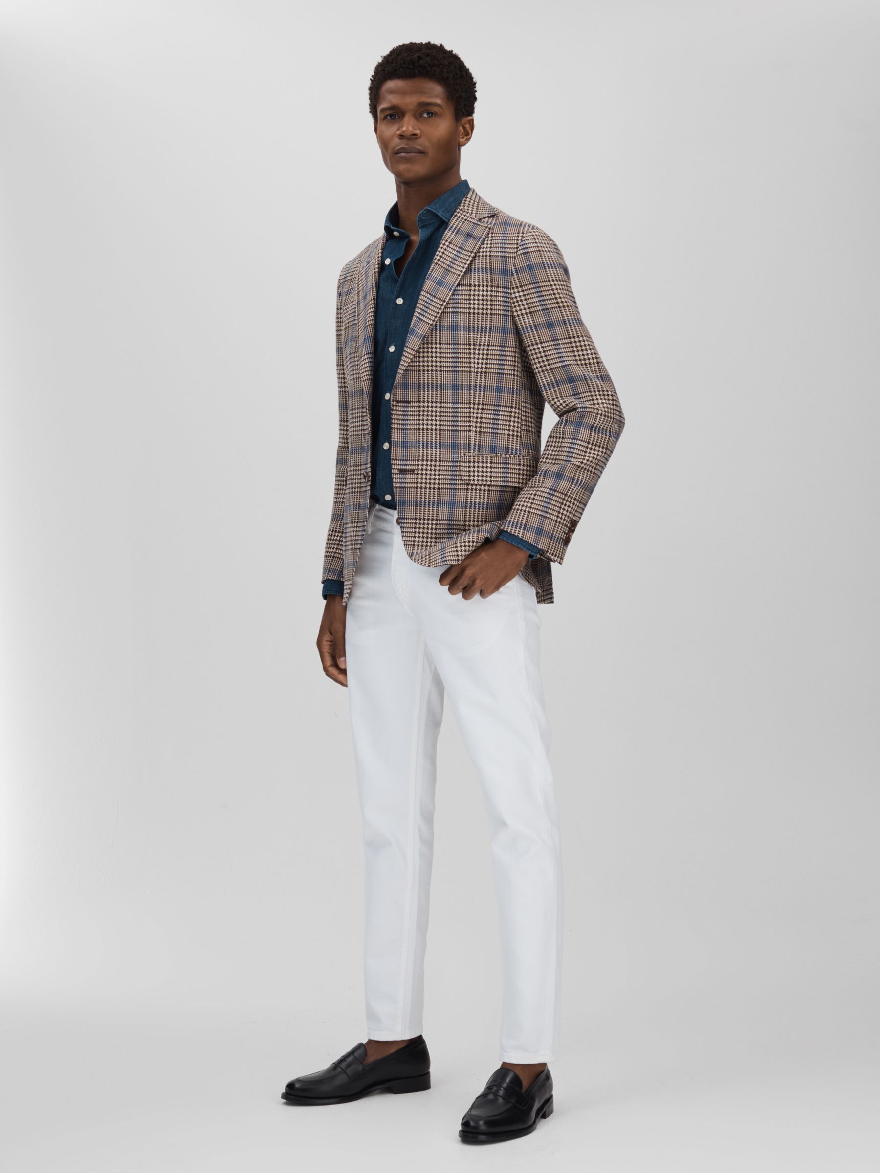 Oscar Jacobson Cotton Linen Single Breasted Check Blazer in Beige