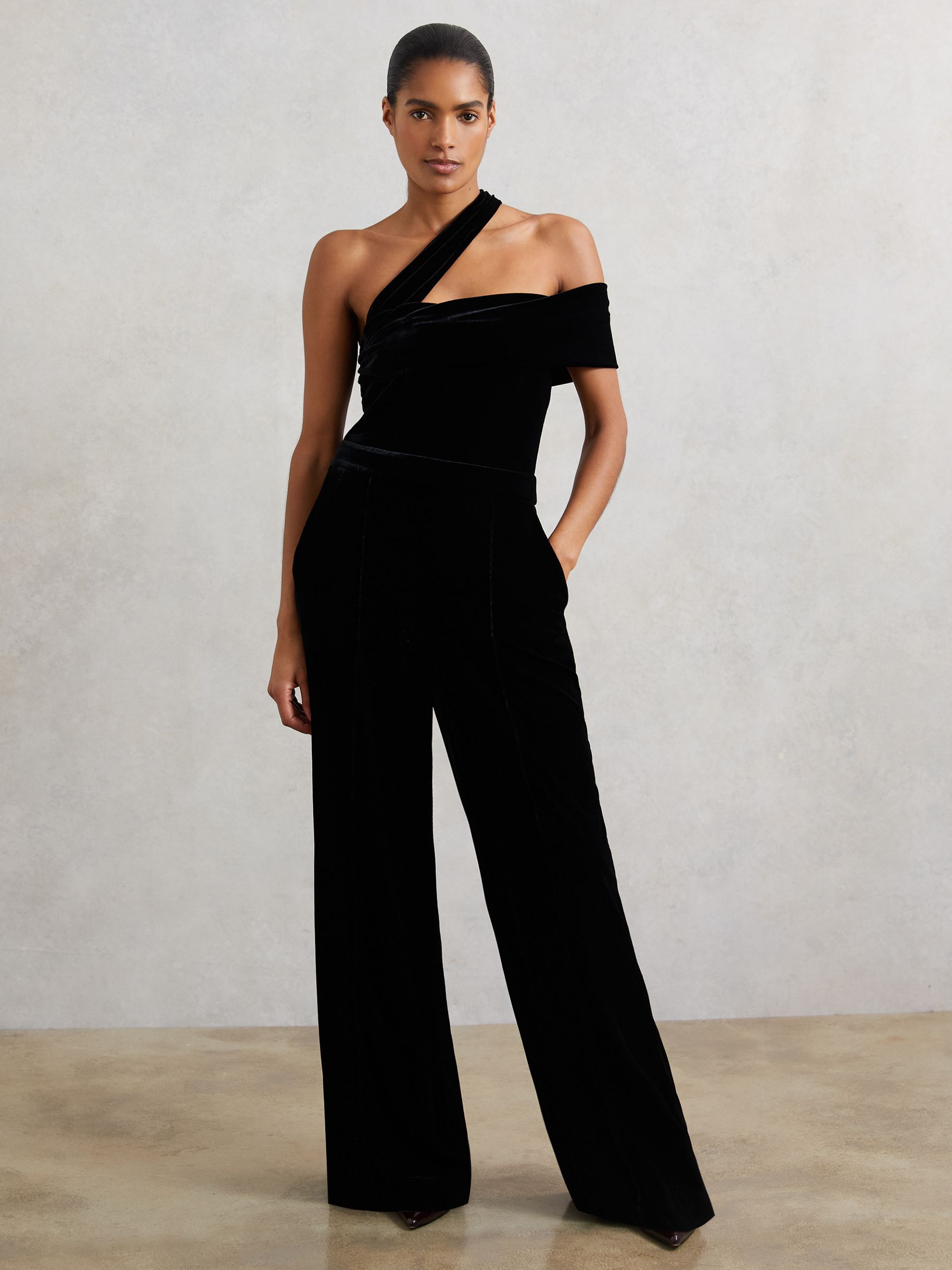Velvet One-Shoulder Wide-Leg Jumpsuit in Black