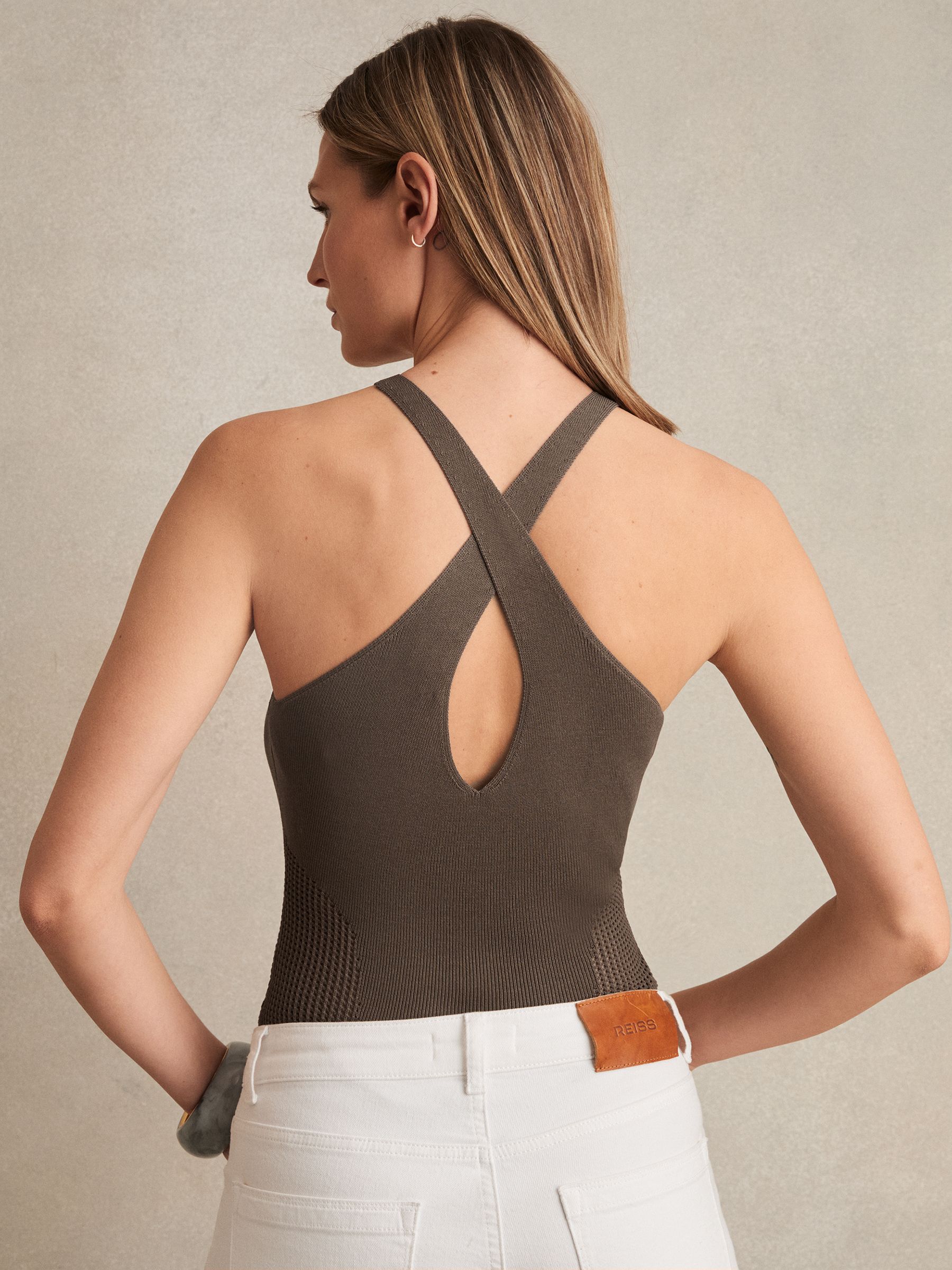 Perforated-Knit Cross-Strap Bodysuit in Mink