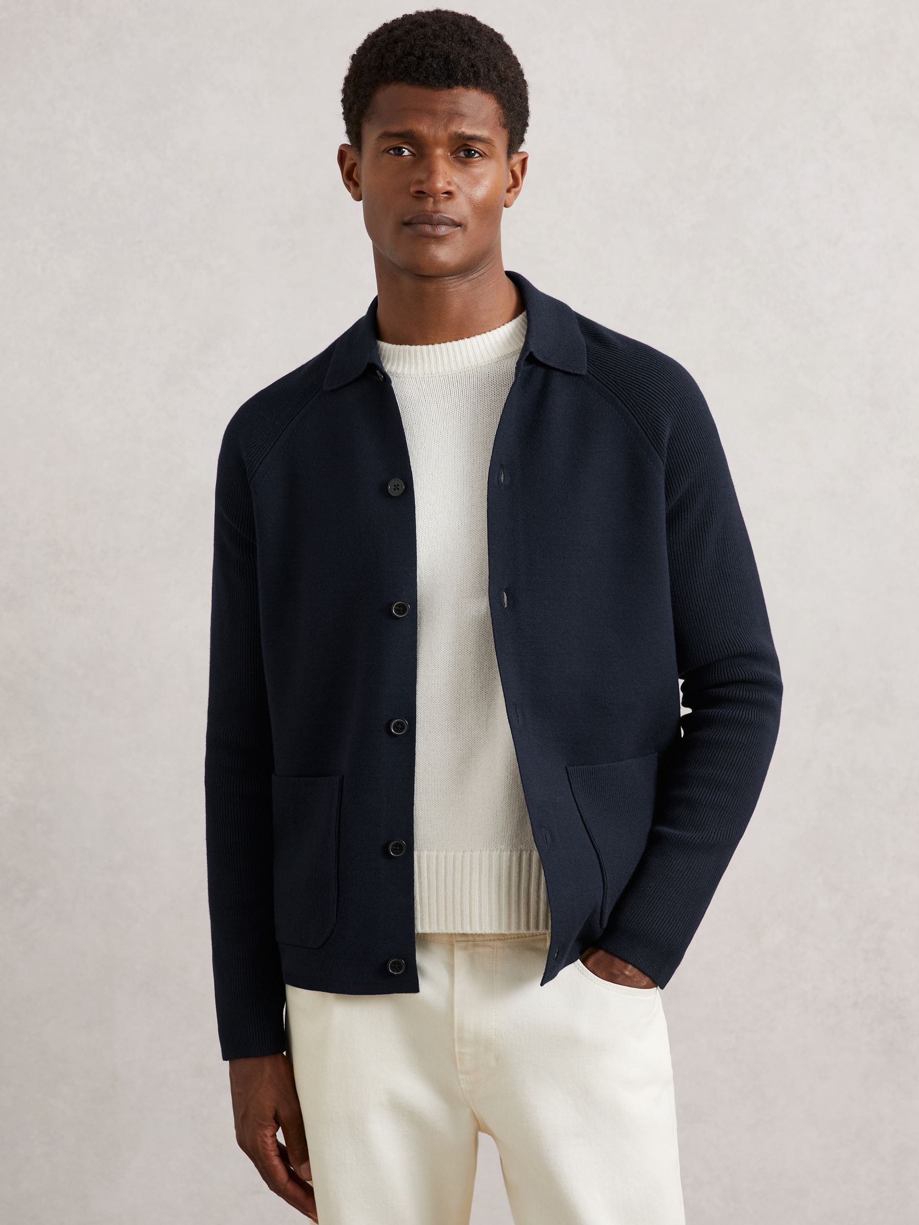 Button-Through Ribbed-Sleeve Shirt in Navy Blue
