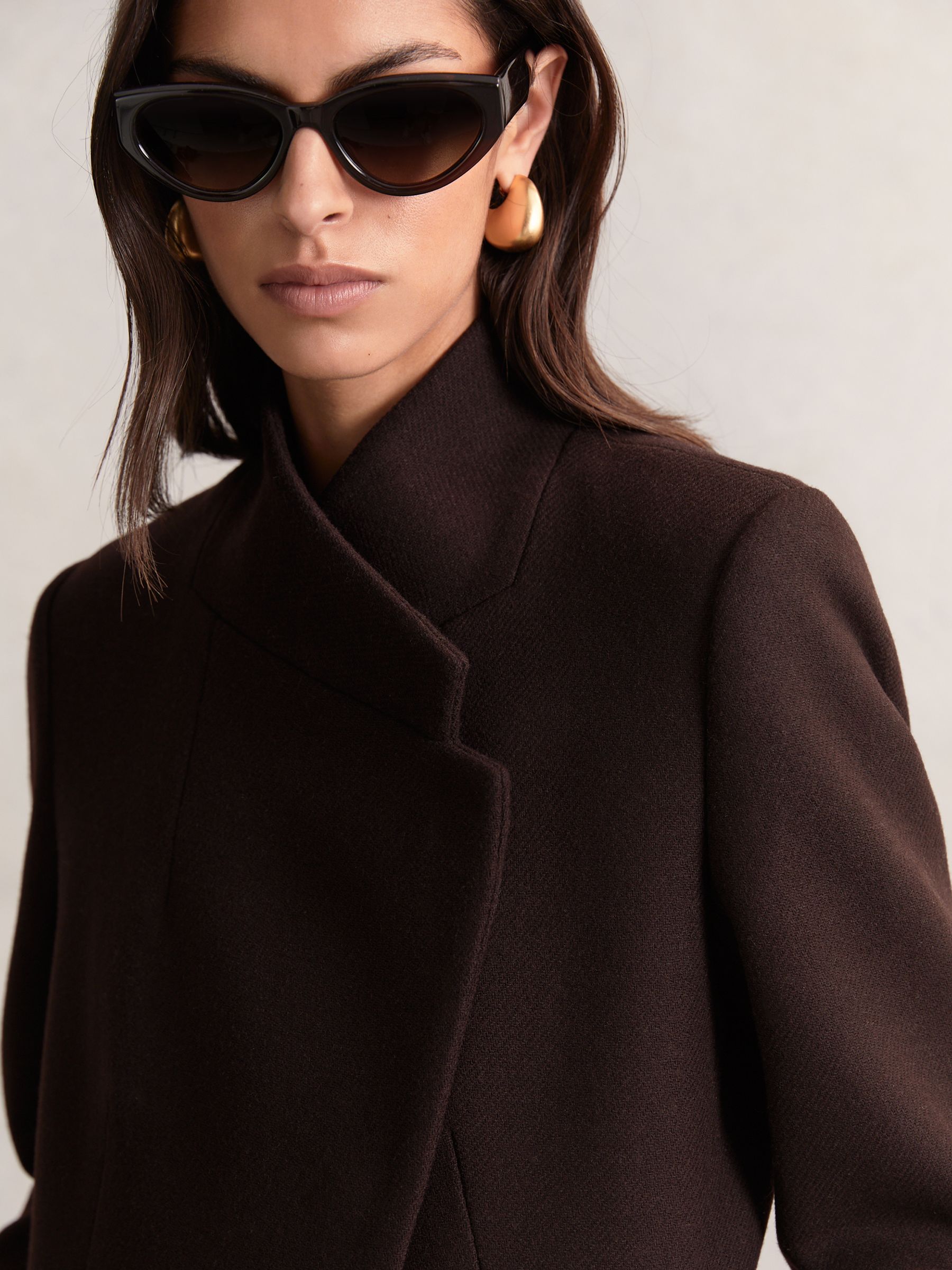 Wool-Blend Wrapover Mid-Length Coat in Chocolate Brown