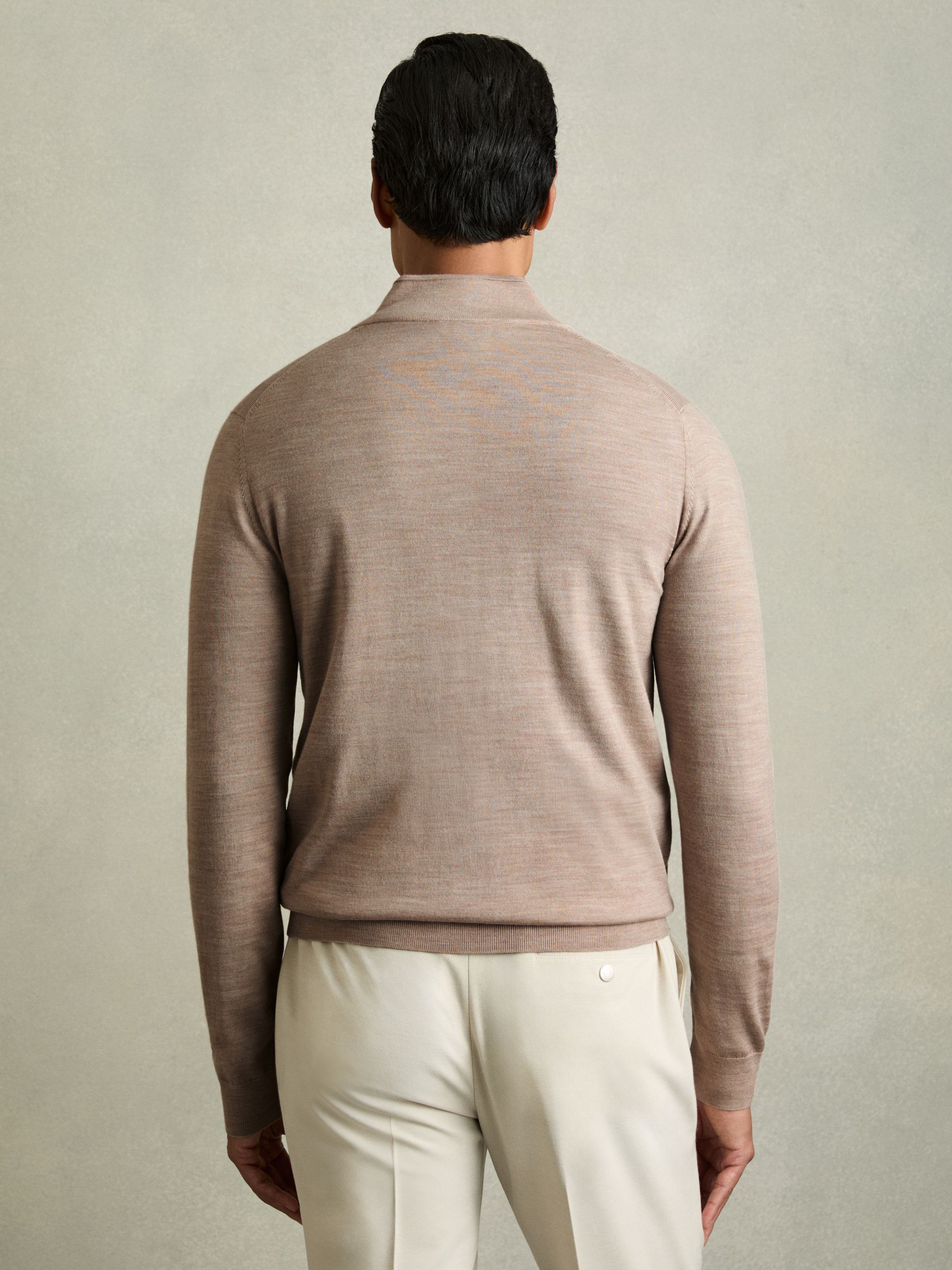 Merino Wool Button-Through Funnel Neck Cardigan in Wheat Melange