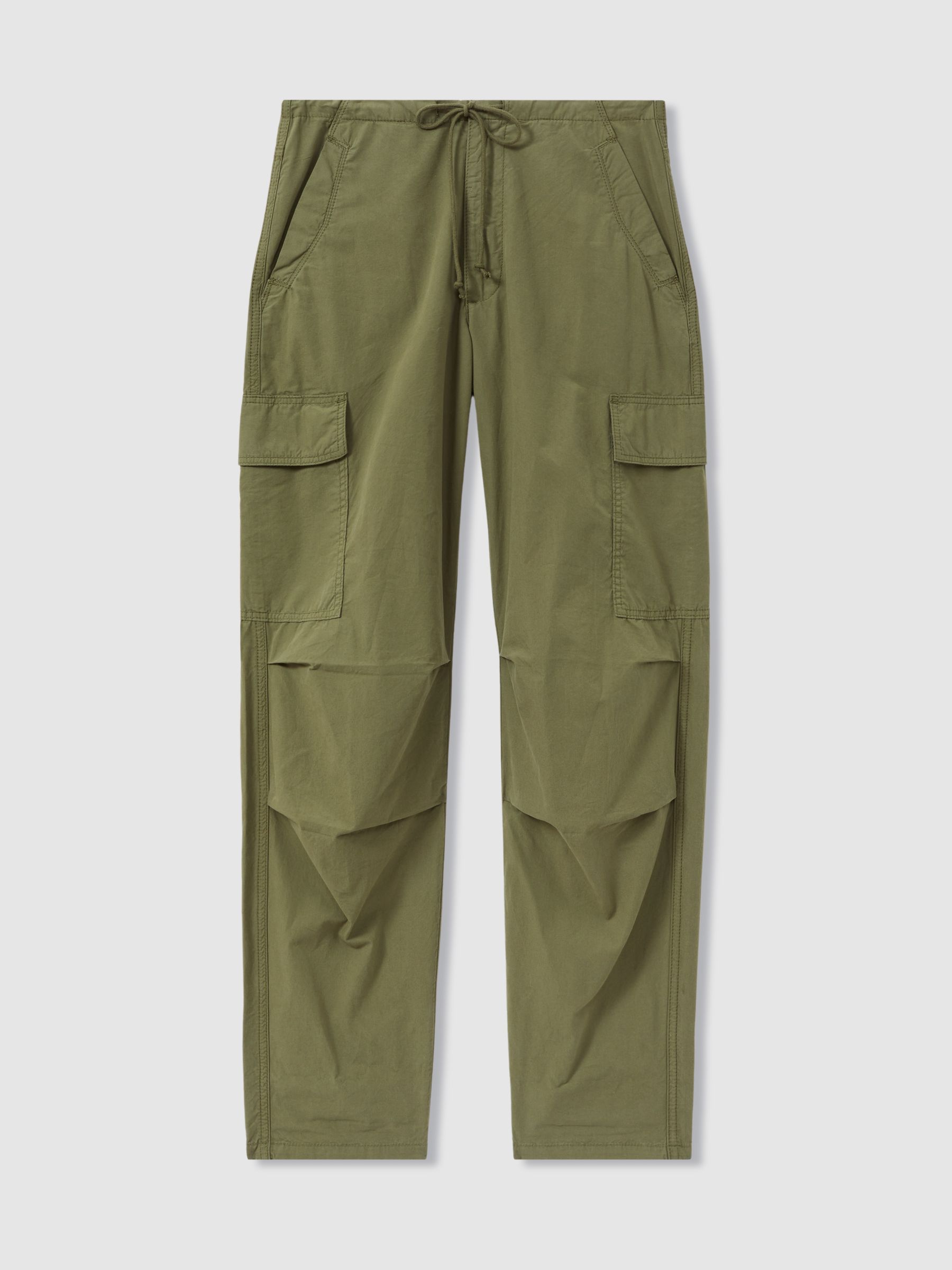 Tapered Drawstring Cotton Combat Trousers in Khaki