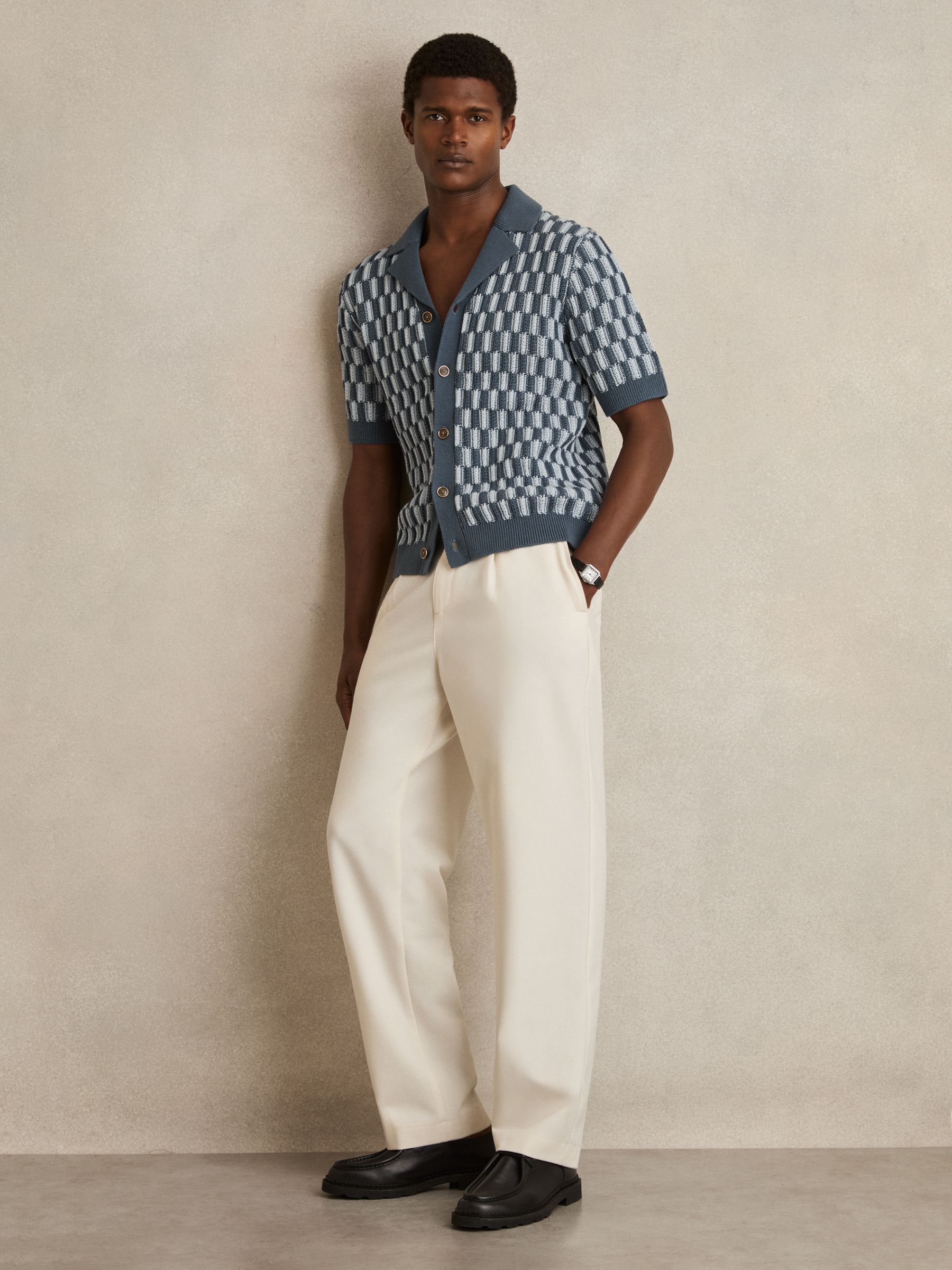 Cotton Checkerboard-Knit Shirt in Airforce Blue/Soft Blue