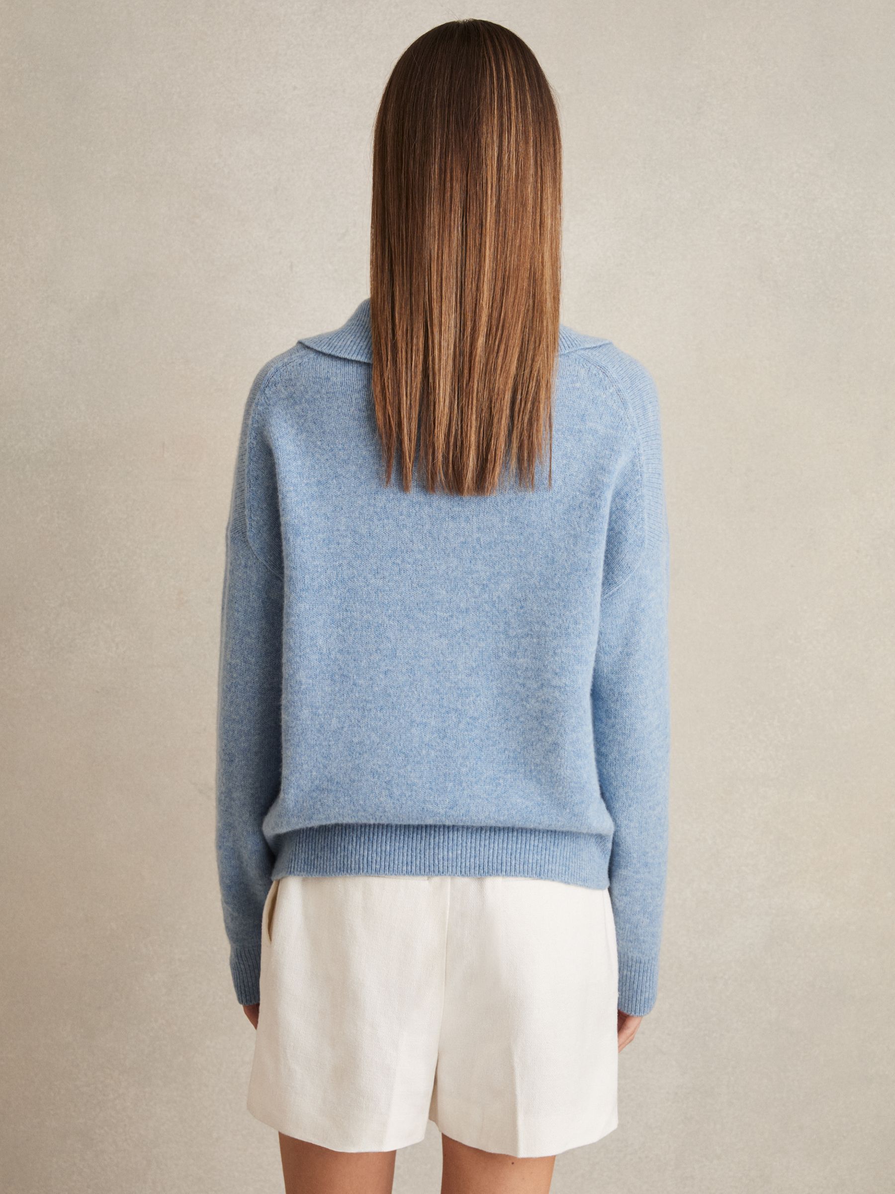 Wool-Cashmere Open-Neck Jumper in Blue