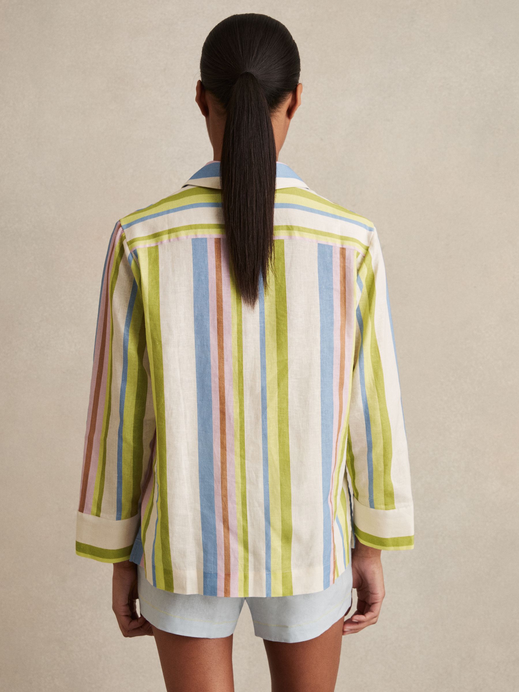 Linen-Blend Stripe Long-Sleeve Shirt in Green/Blue