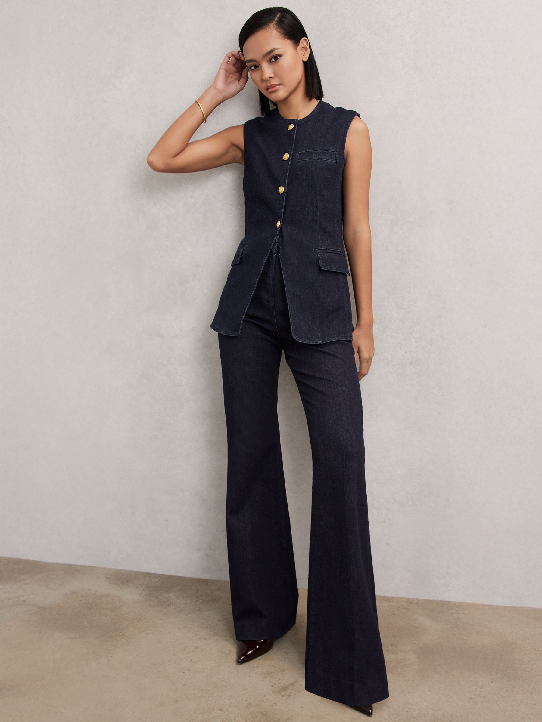 Denim Long-Line Waistcoat in Dark Blue