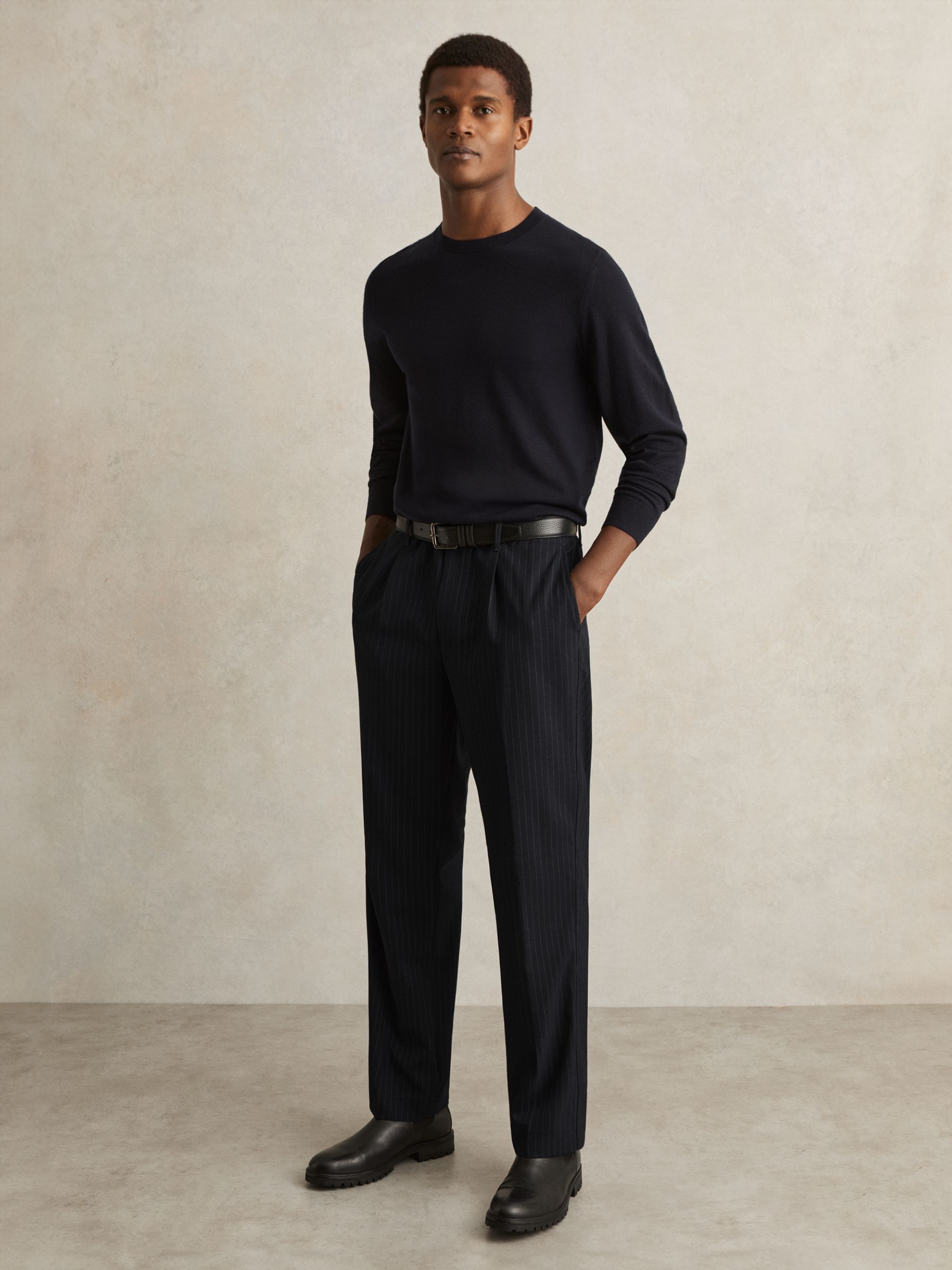 Straight Leg Pinstripe Trousers in Navy