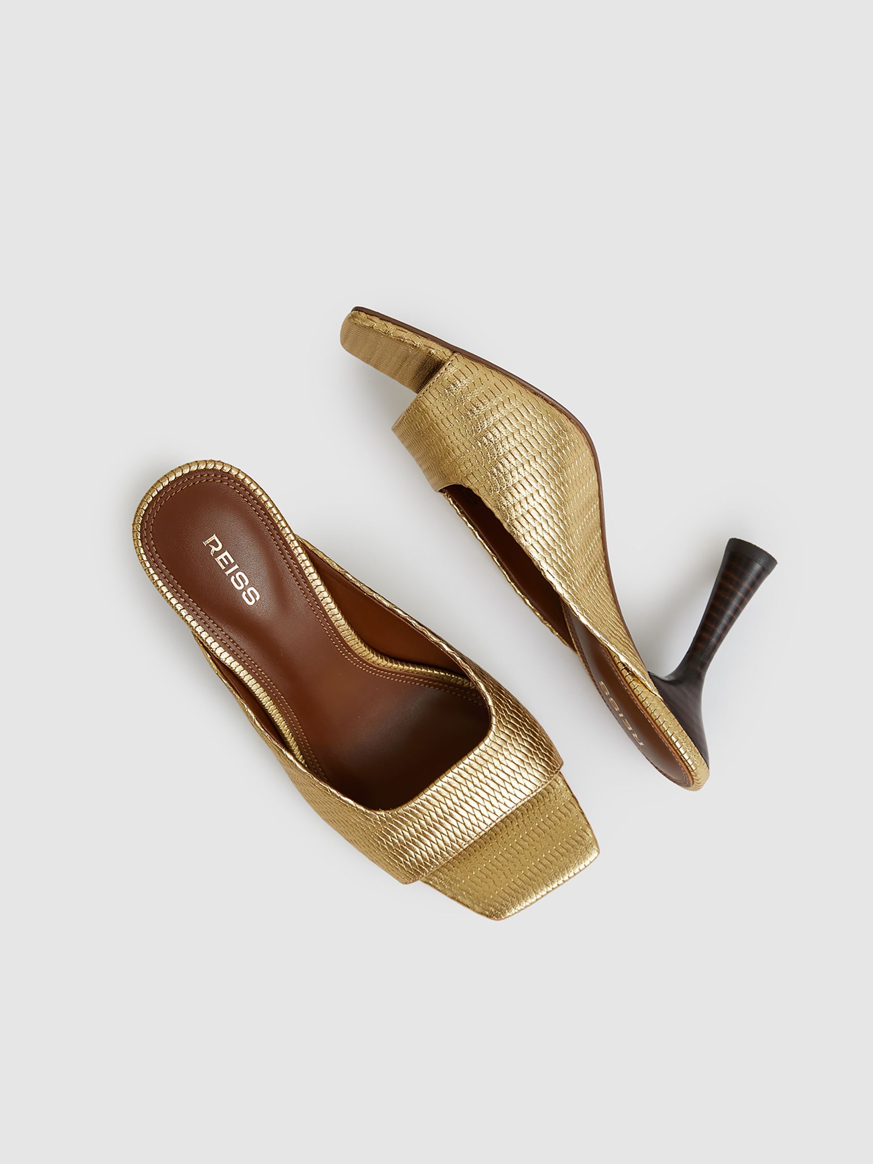 Leather Heeled Mules in Gold