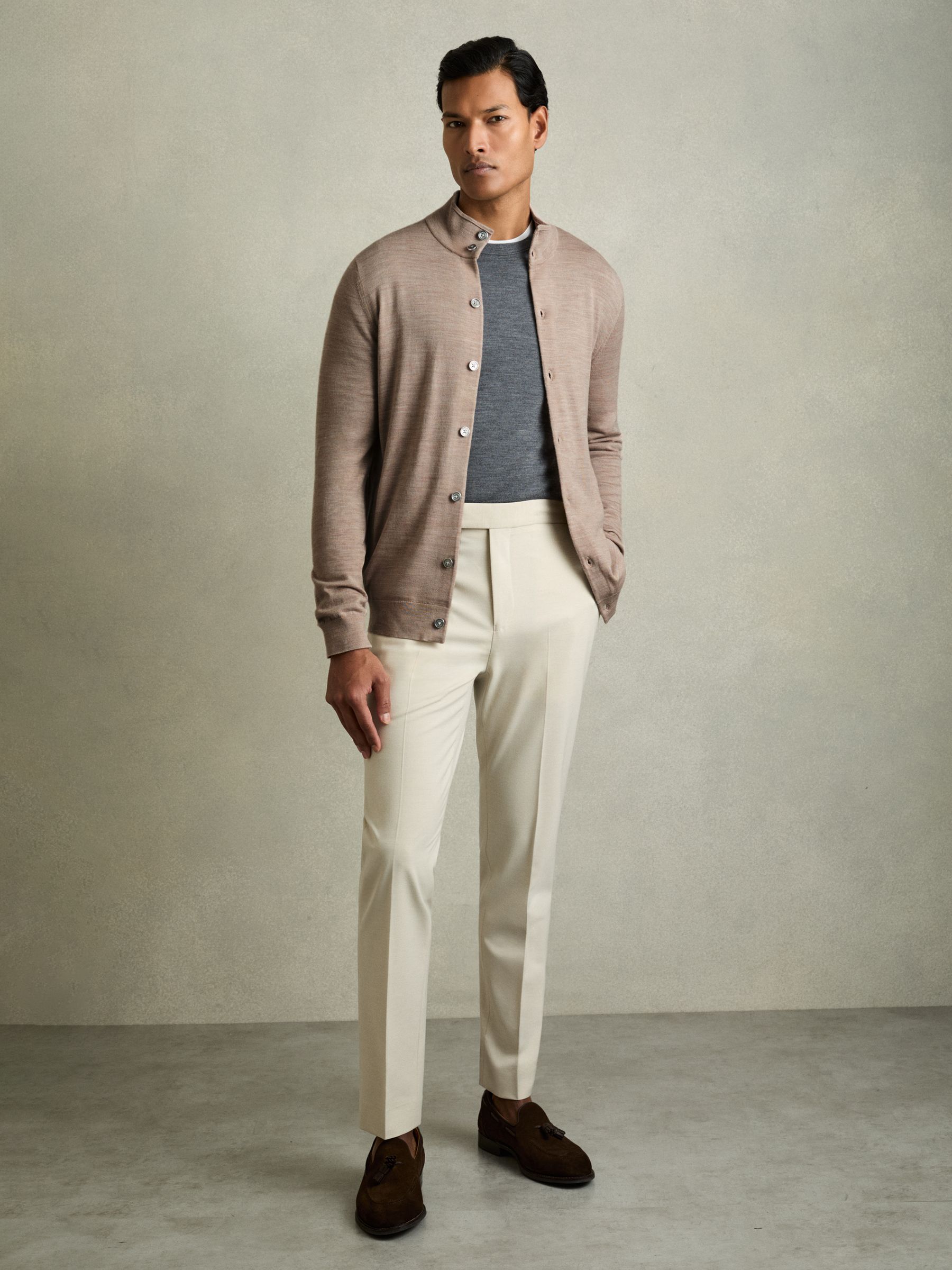 Merino Wool Button-Through Funnel Neck Cardigan in Wheat Melange