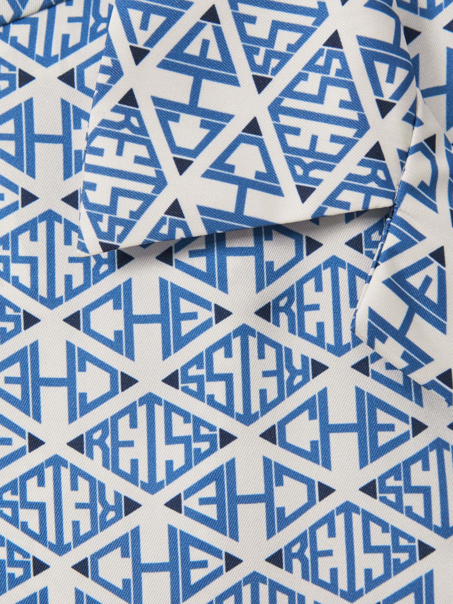 Reiss | Ché Monogram Print Cuff Detail Cuban Collar Shirt in Bright Blue/White