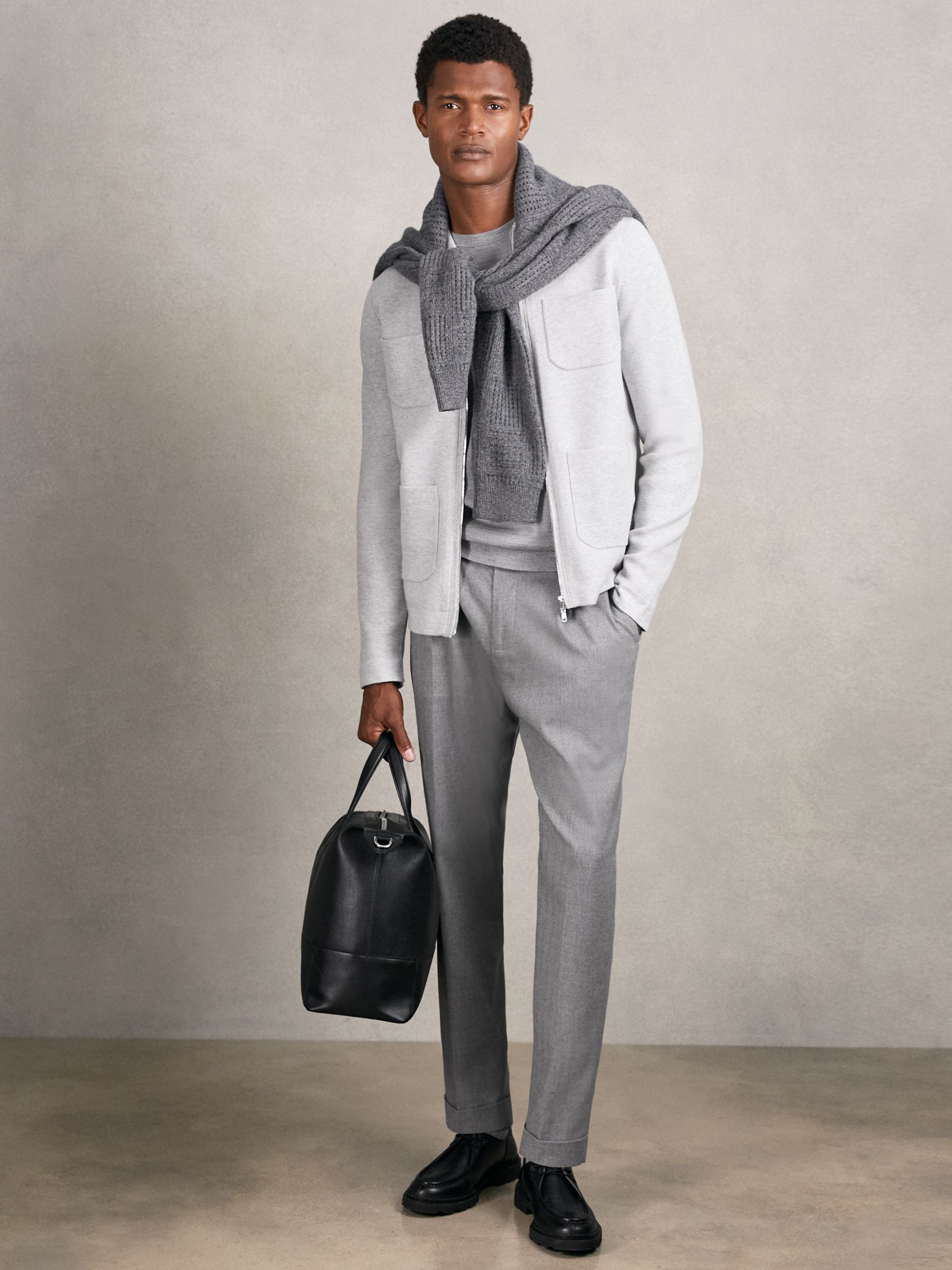 Four-Pocket Zip-Through Cardigan in Soft Grey
