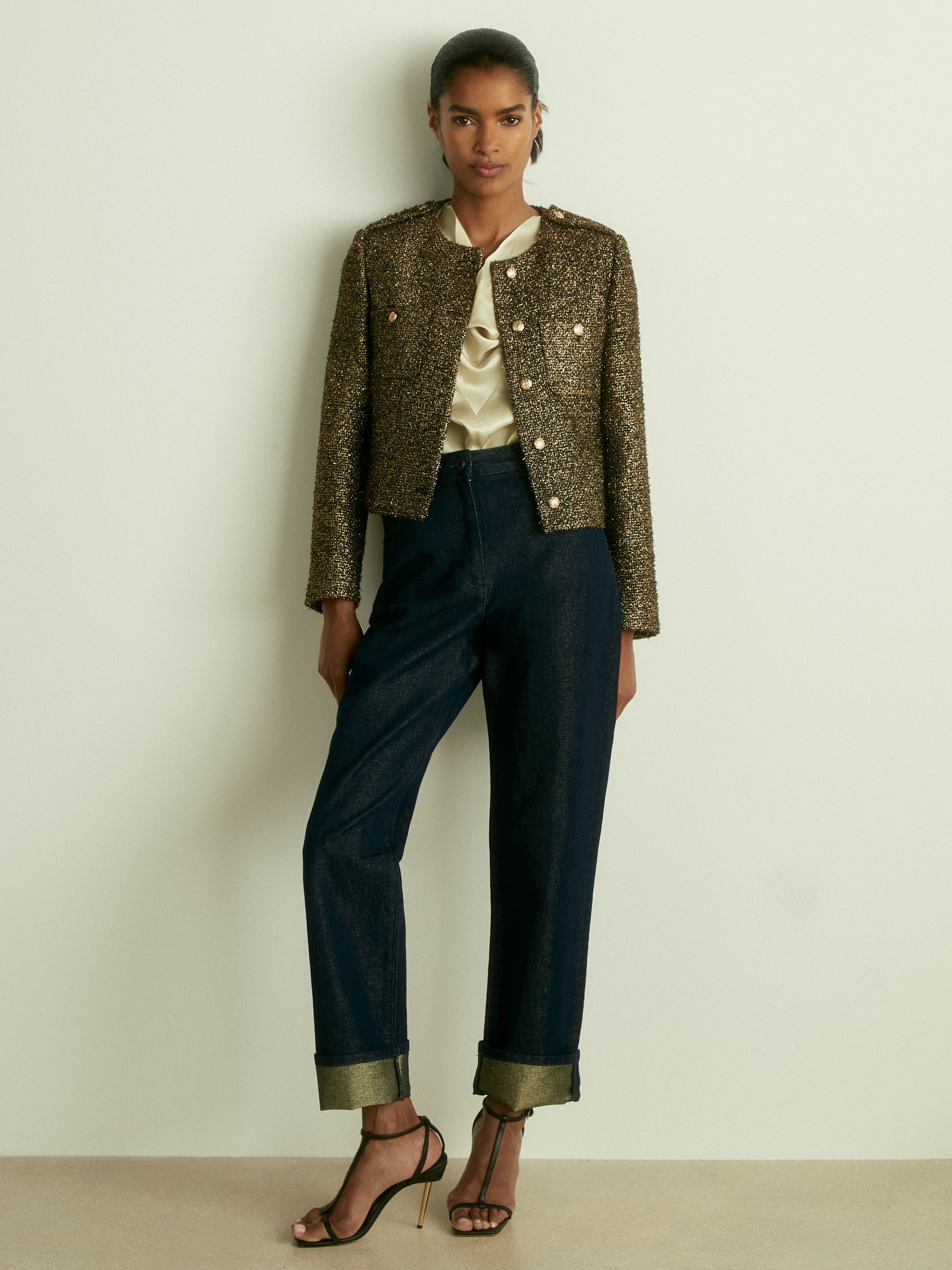 Petite Metallic Knit Cropped Jacket in Gold