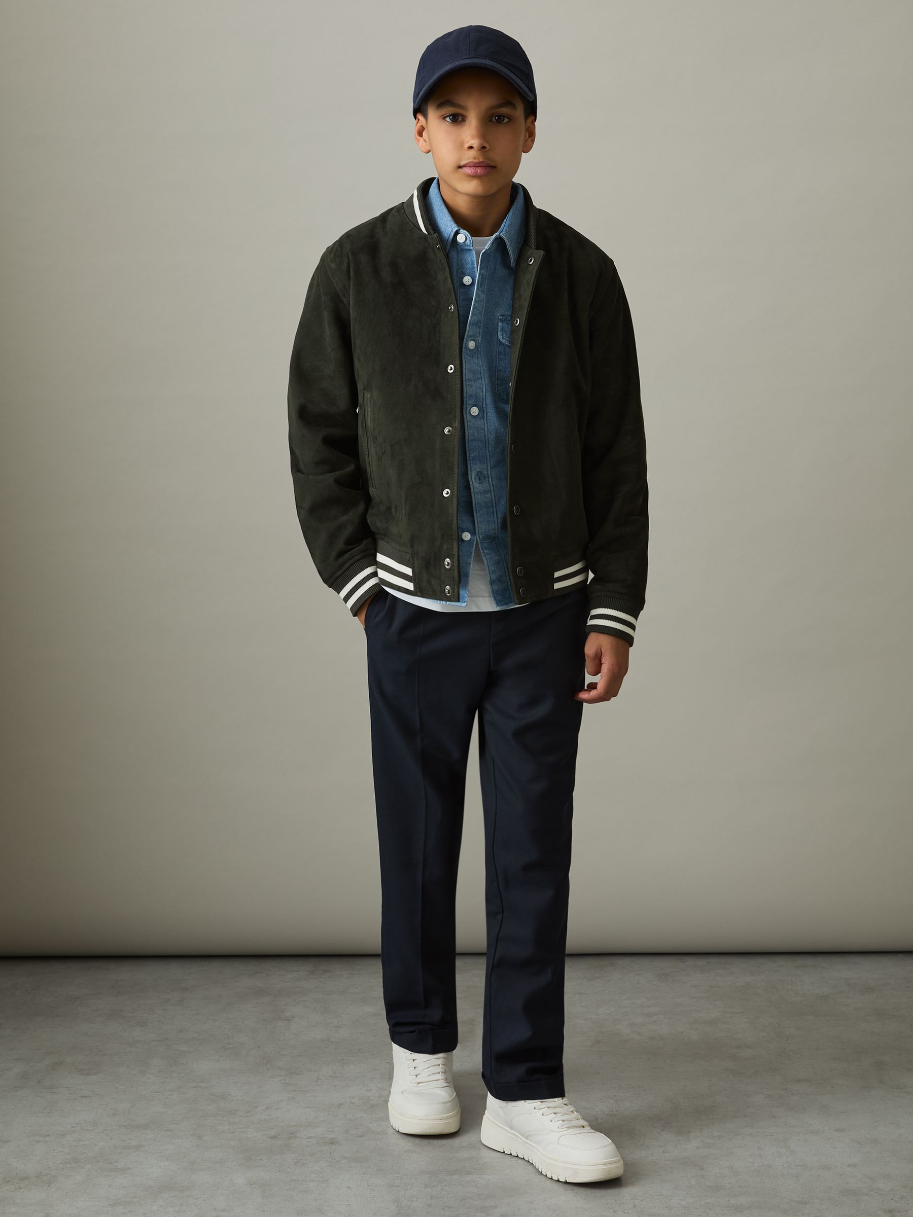 9-13 yrs Suede Varsity Bomber Jacket in Dark Green