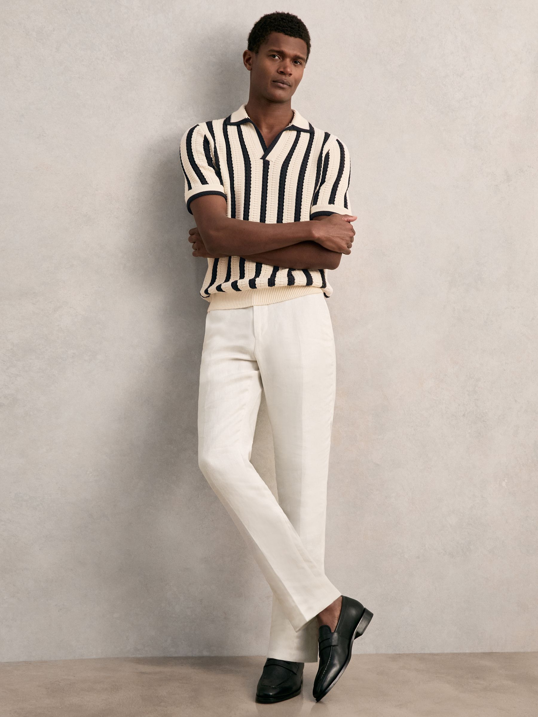Cotton Blend Stripe Knit Polo Shirt in Off White/Navy