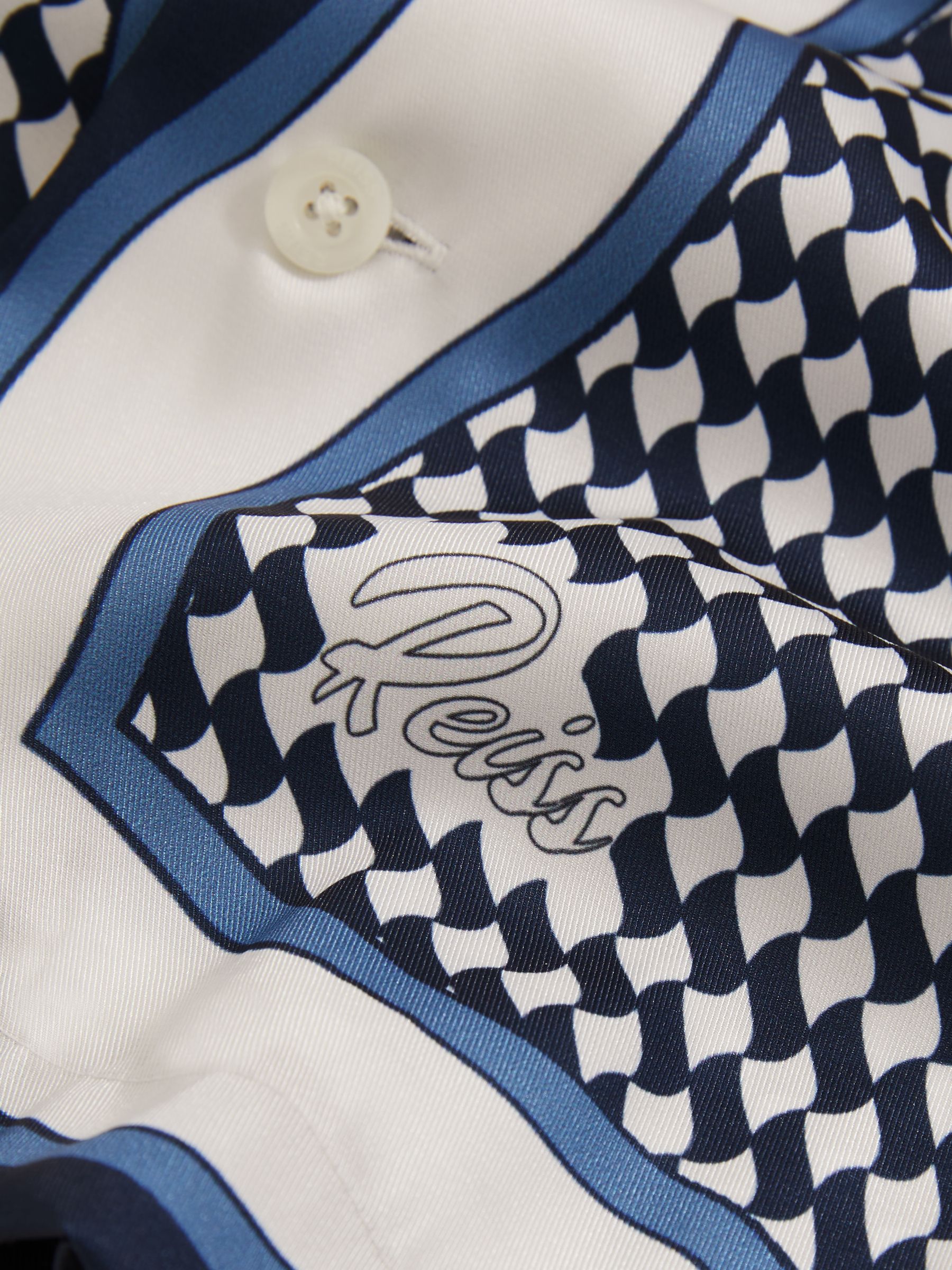 Geometric-Print Cuban-Collar Shirt in White/Navy