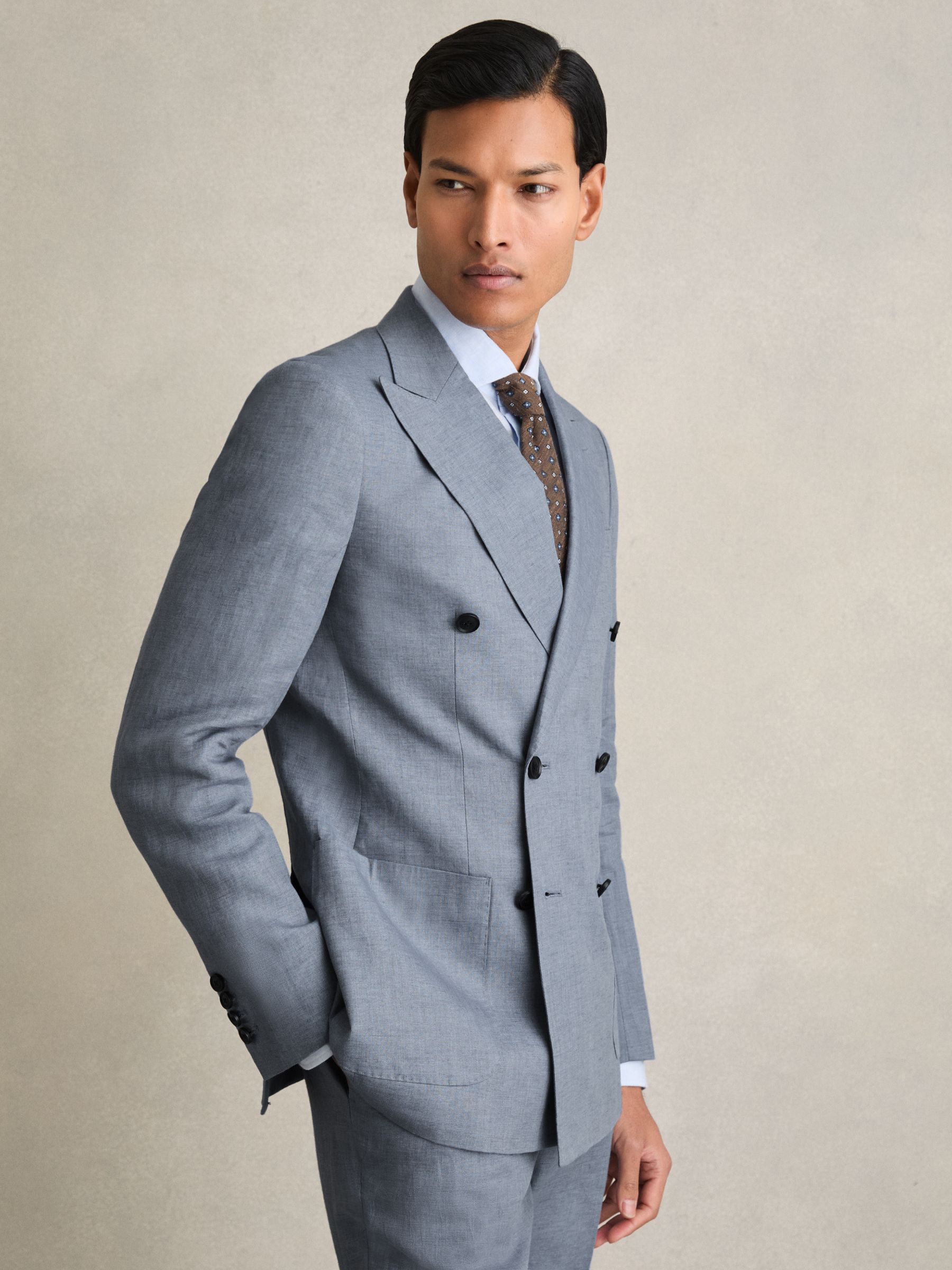 Slim-Fit Linen Double-Breasted Suit Blazer in Airforce Blue