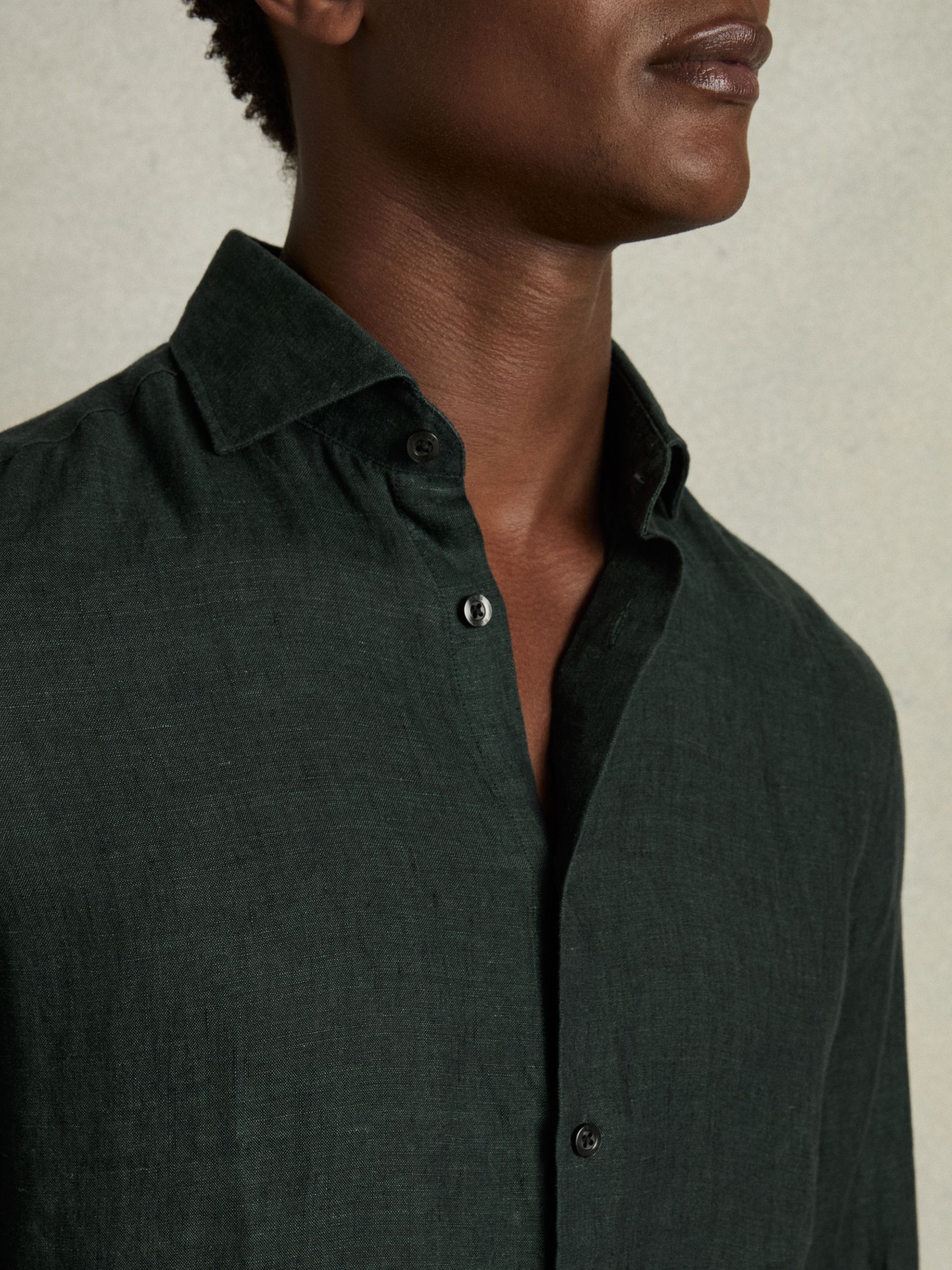 Linen Button-Through Shirt in Dark Green