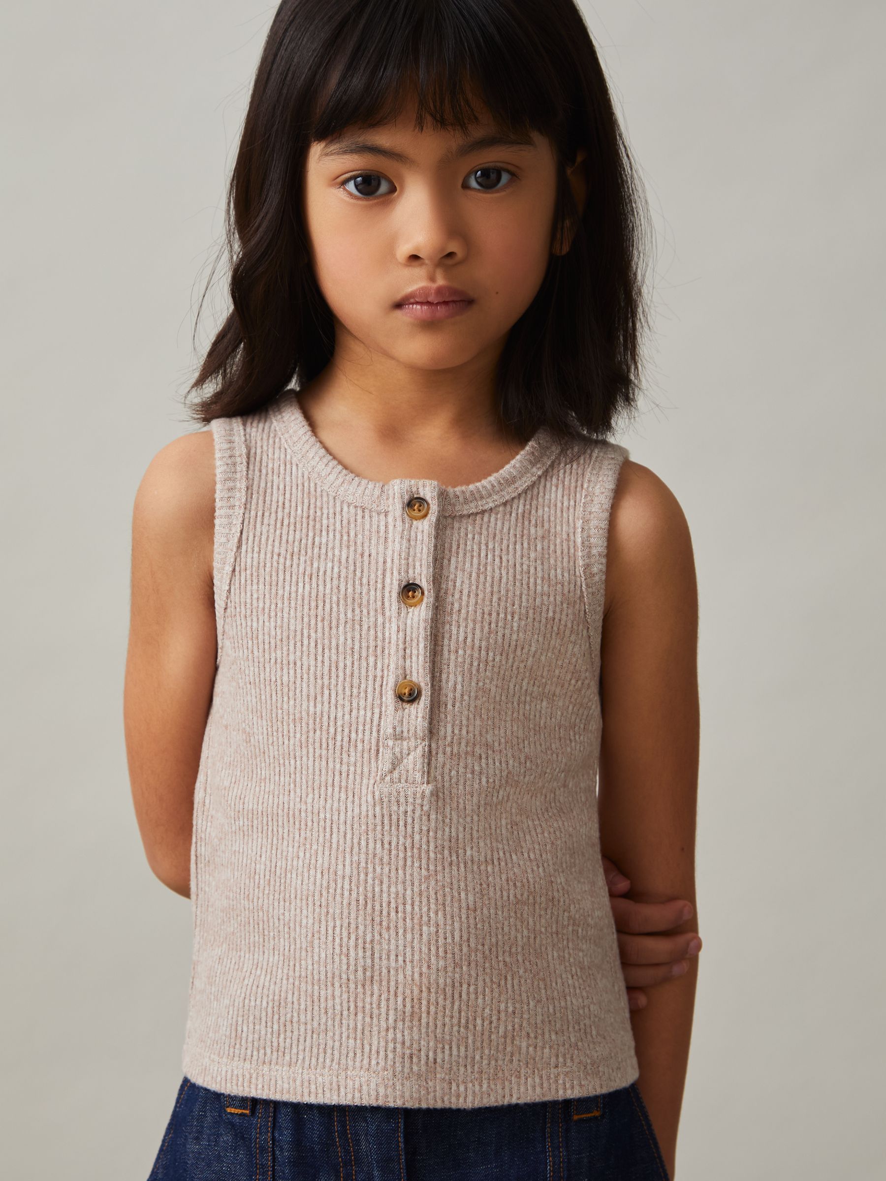 9-13 yrs Rib-Knit Button-Placket Vest in Mink