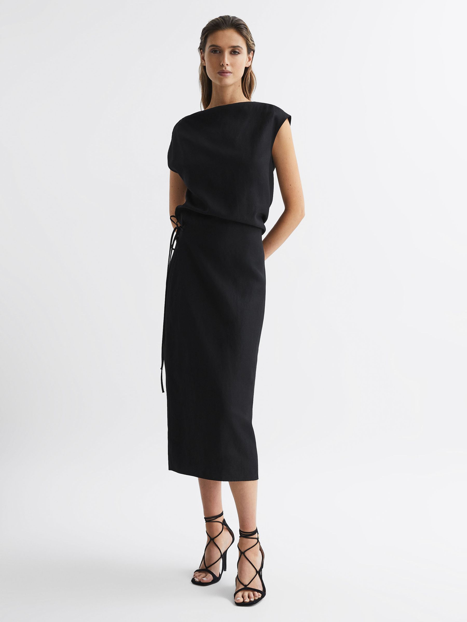 Premium Linen Blend Open-Back Midi Dress in Black