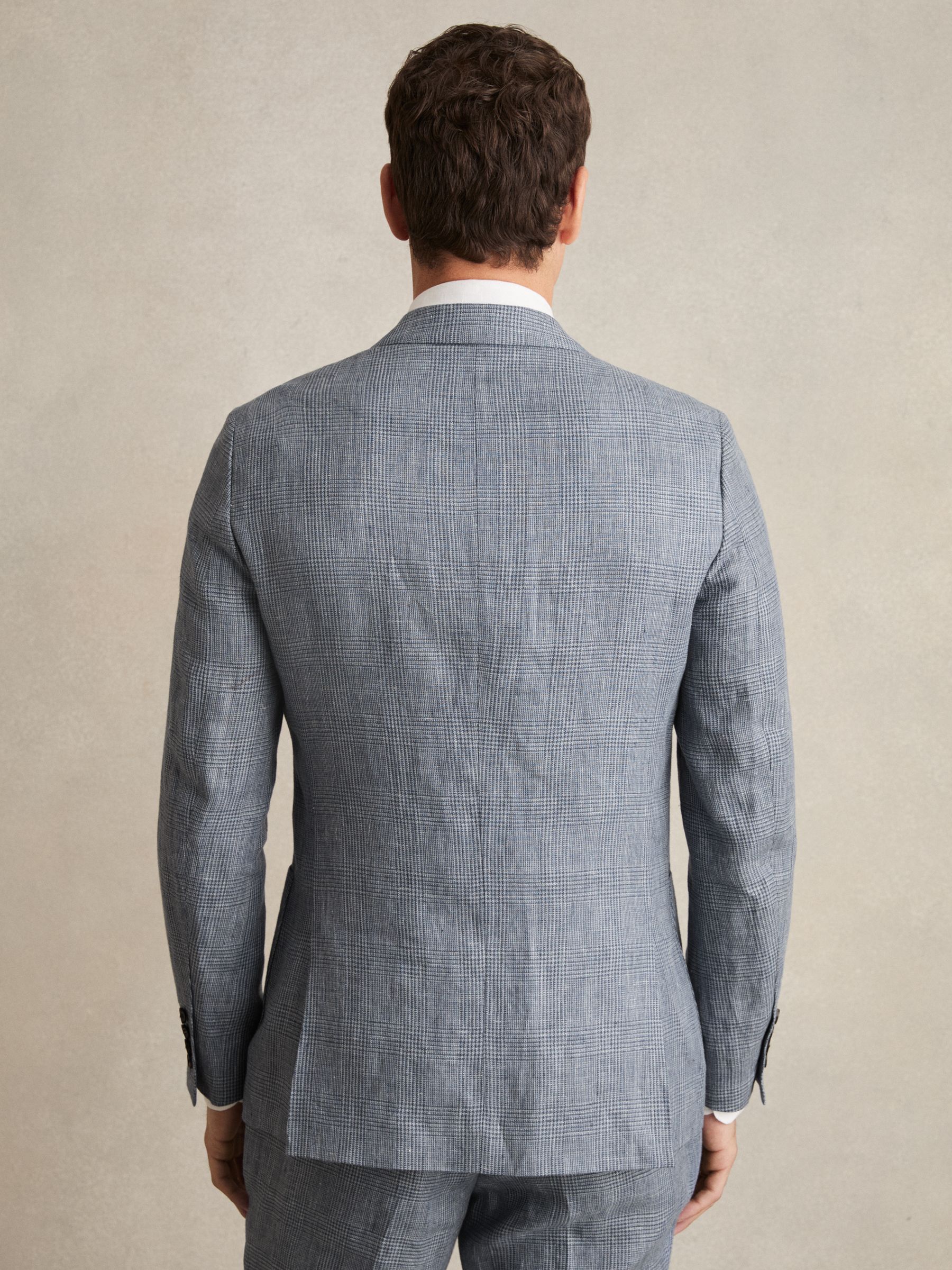 Slim Fit Single Breasted Linen Check Suit Blazer in Soft Blue