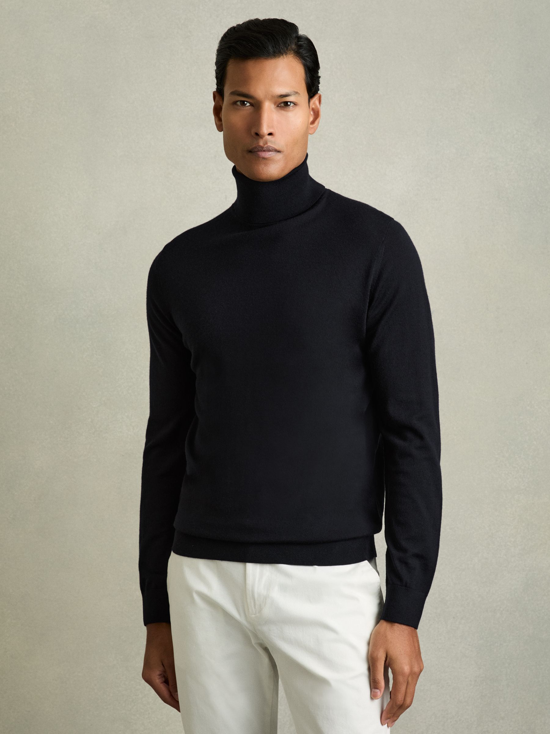 Slim Fit Merino Wool Roll Neck Jumper in Navy