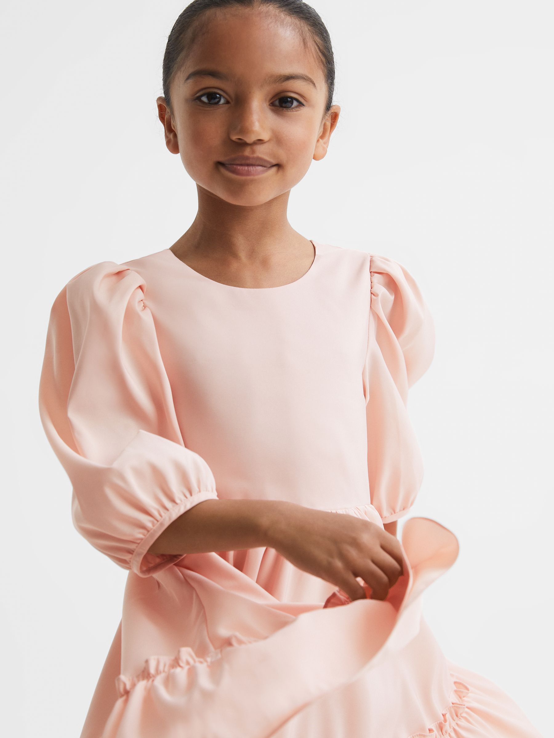9-13 yrs Mini Puff Sleeve Ruffle Dress in Pink