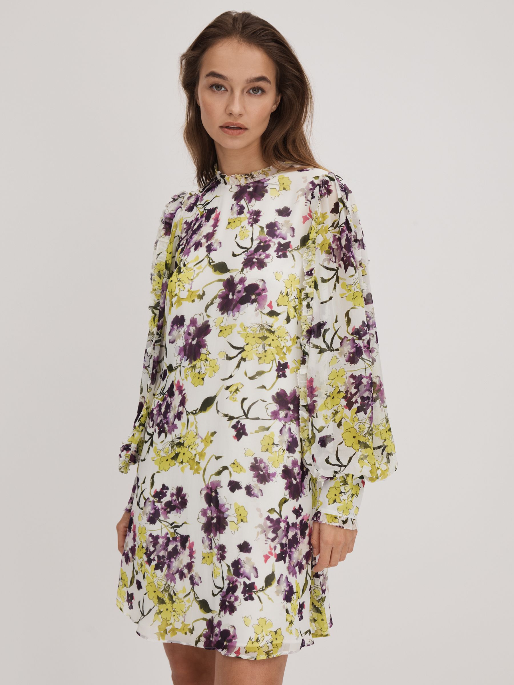 Florere Printed Blouson Sleeve Mini Dress in Ivory/Multi