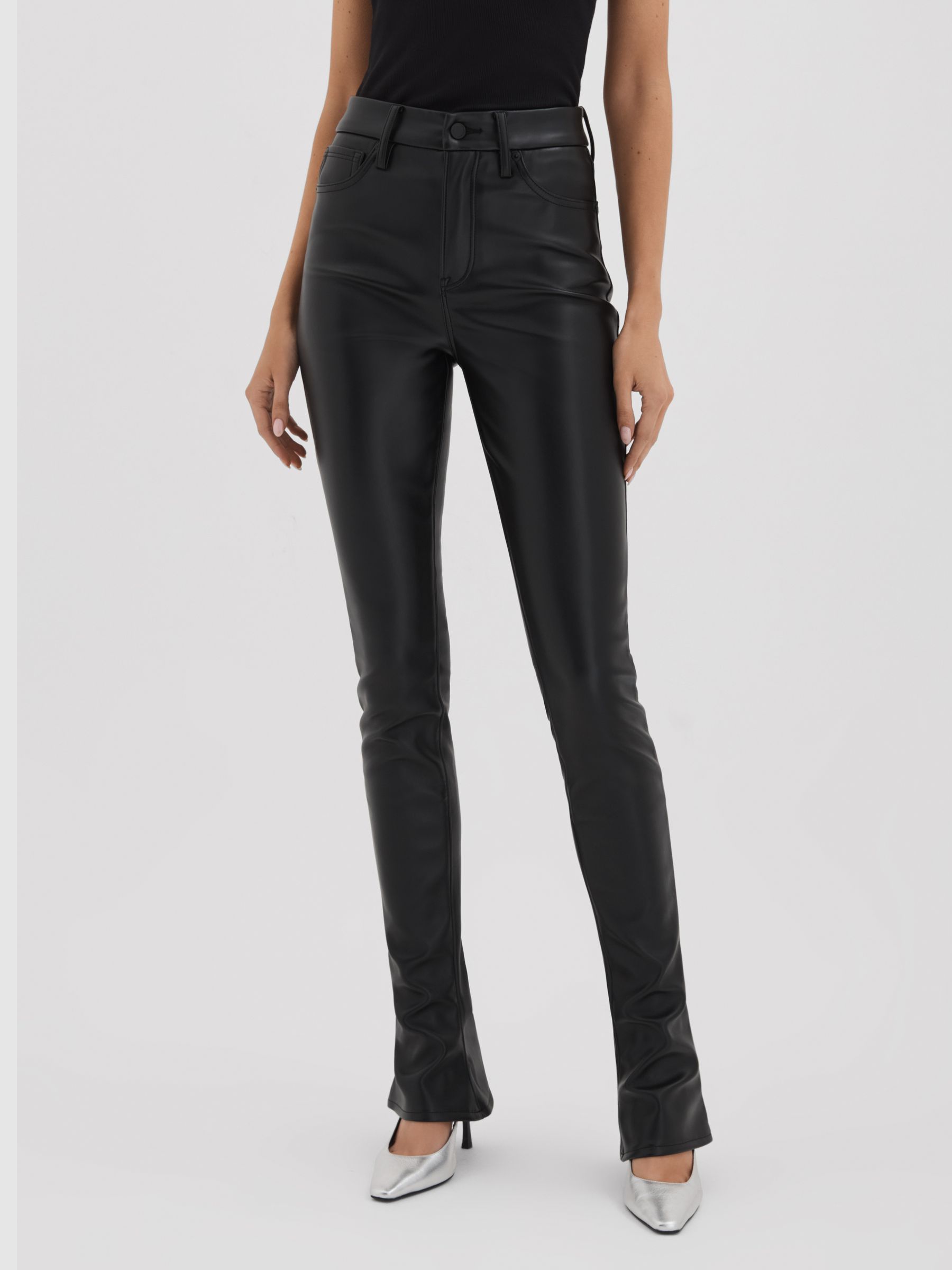 Faux Leather Slim Bootcut Trousers in Black
