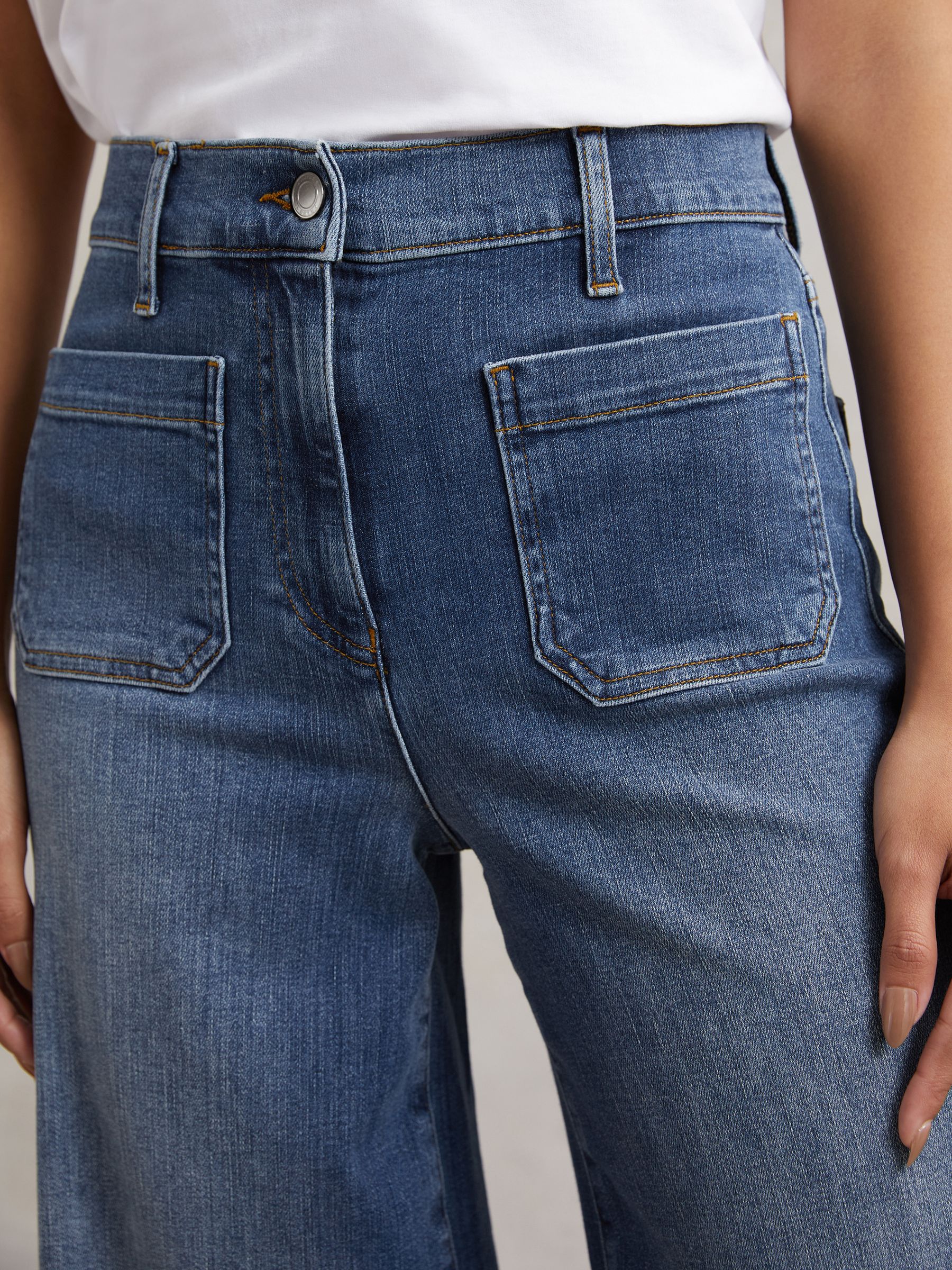 Petite Patch Pocket Wide Leg Jeans in Mid Blue