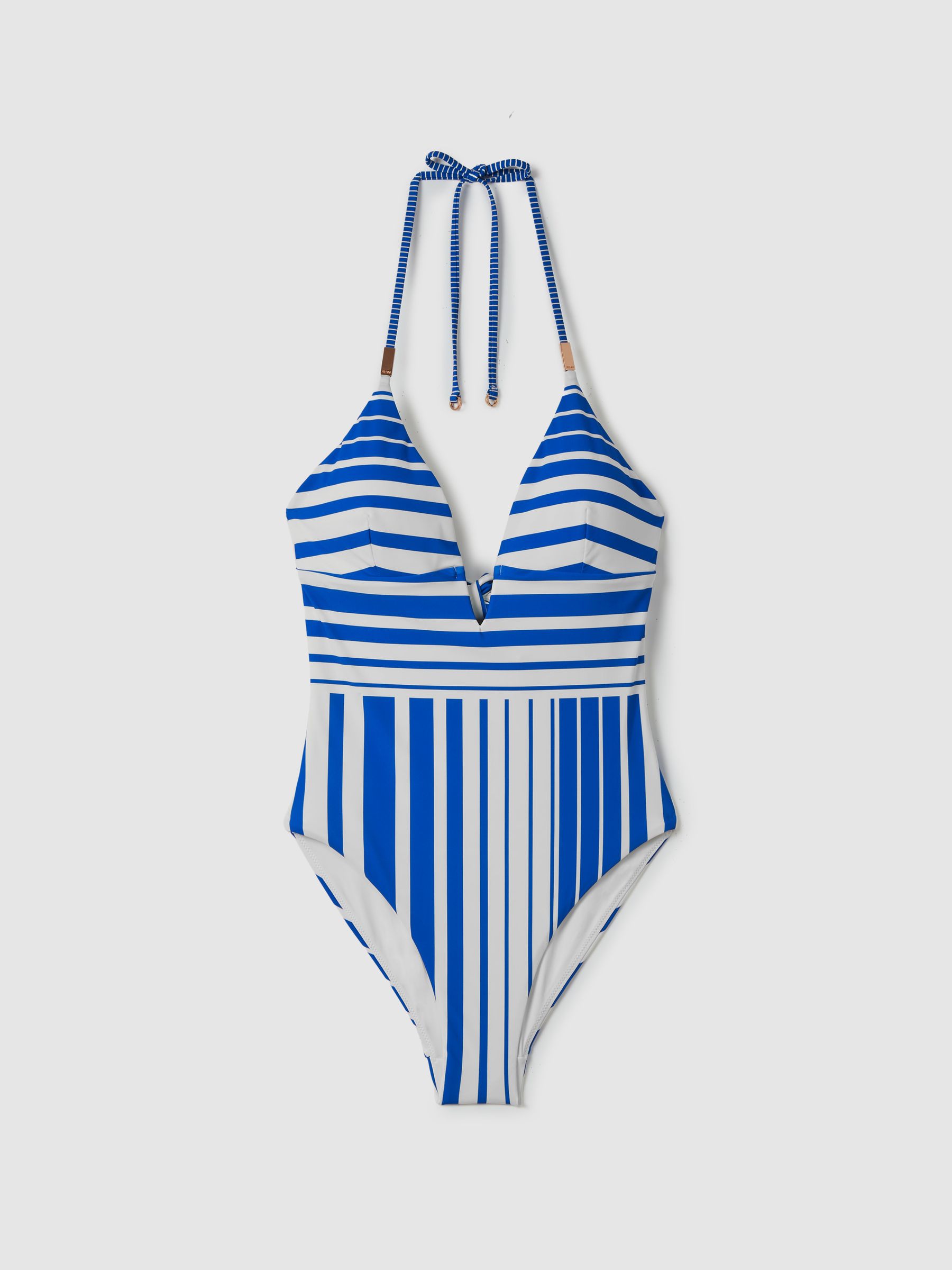 Striped Plunge Neck Swimsuit in Blue Stripe