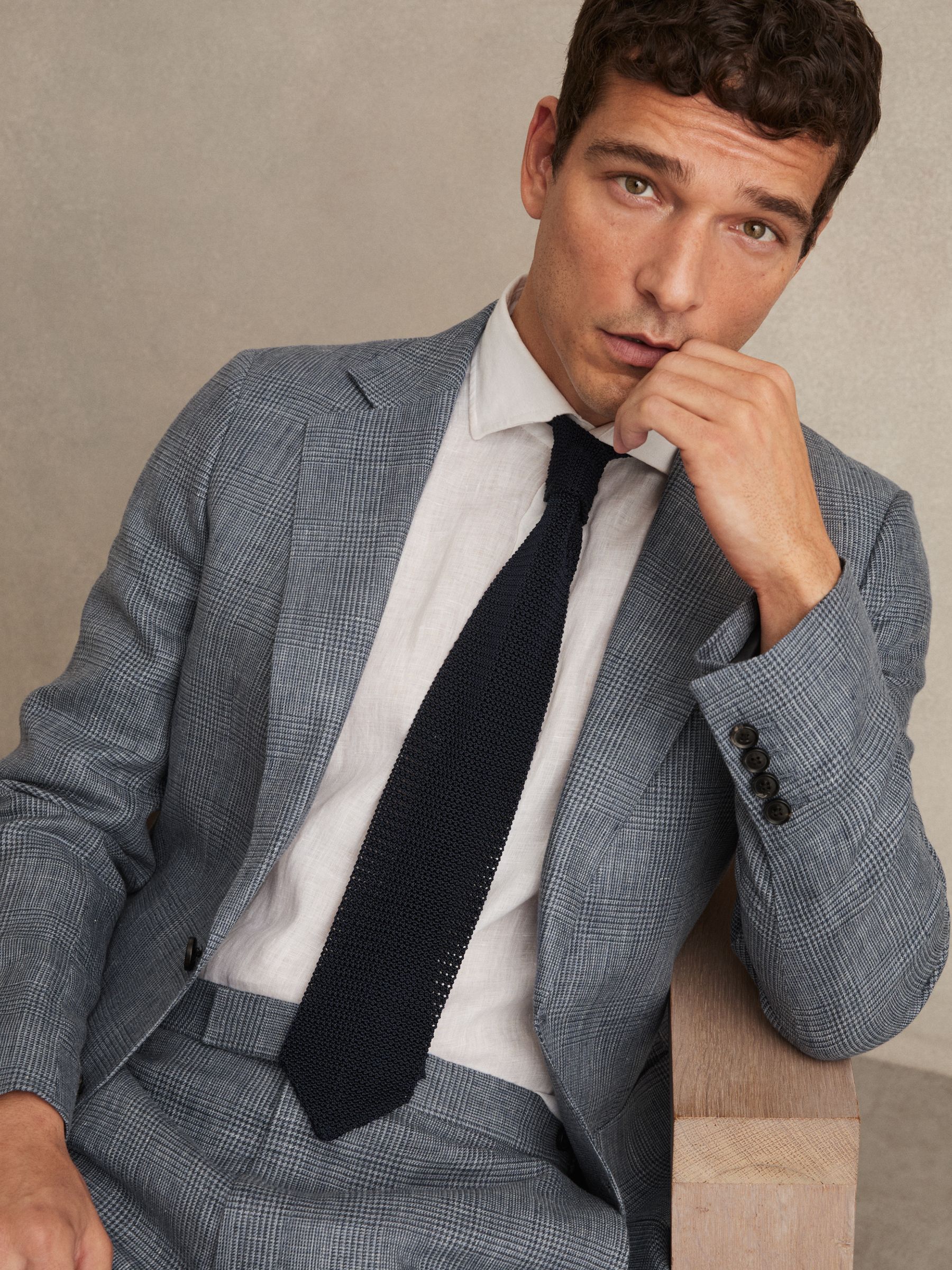 Slim Fit Single Breasted Linen Check Suit Blazer in Soft Blue