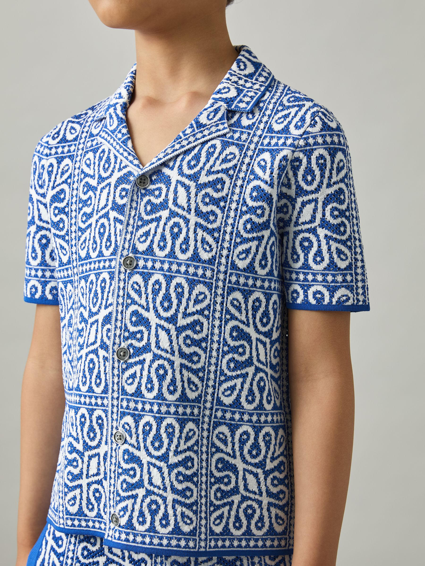 3-9 yrs Tile Pattern Knit Shirt in Blue/White