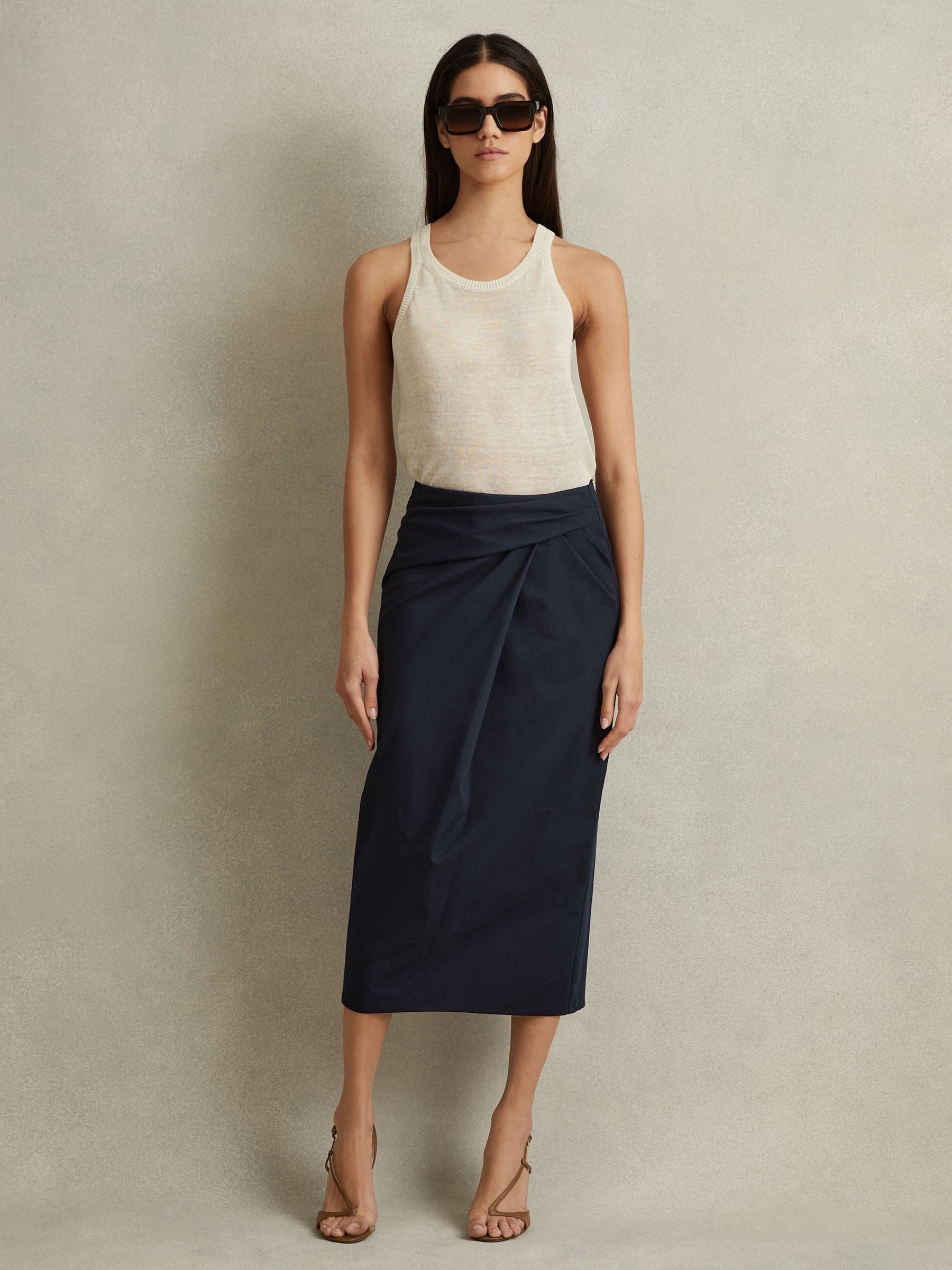 Cotton Blend Wrap Front Midi Skirt in Navy