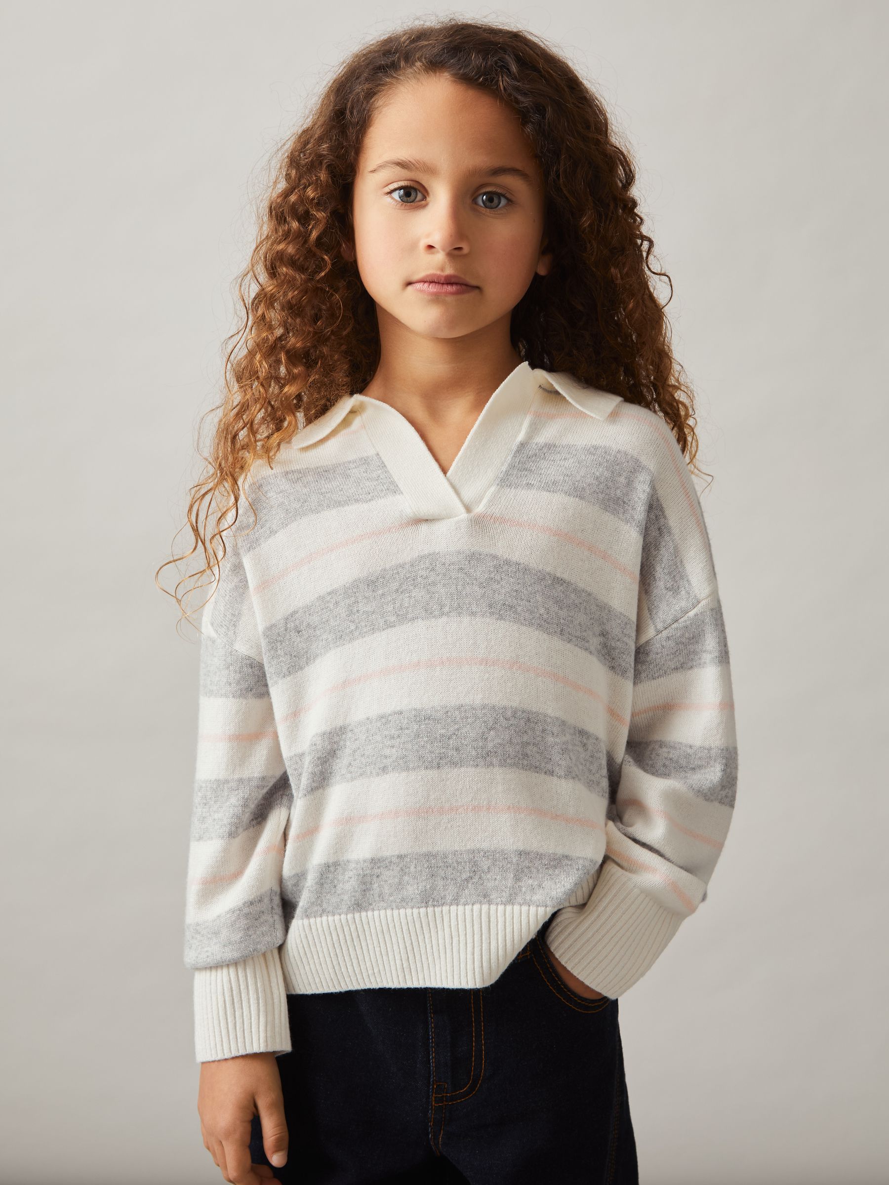 9-13 yrs Wool-Blend Striped Collared Jumper With Cashmere in Grey