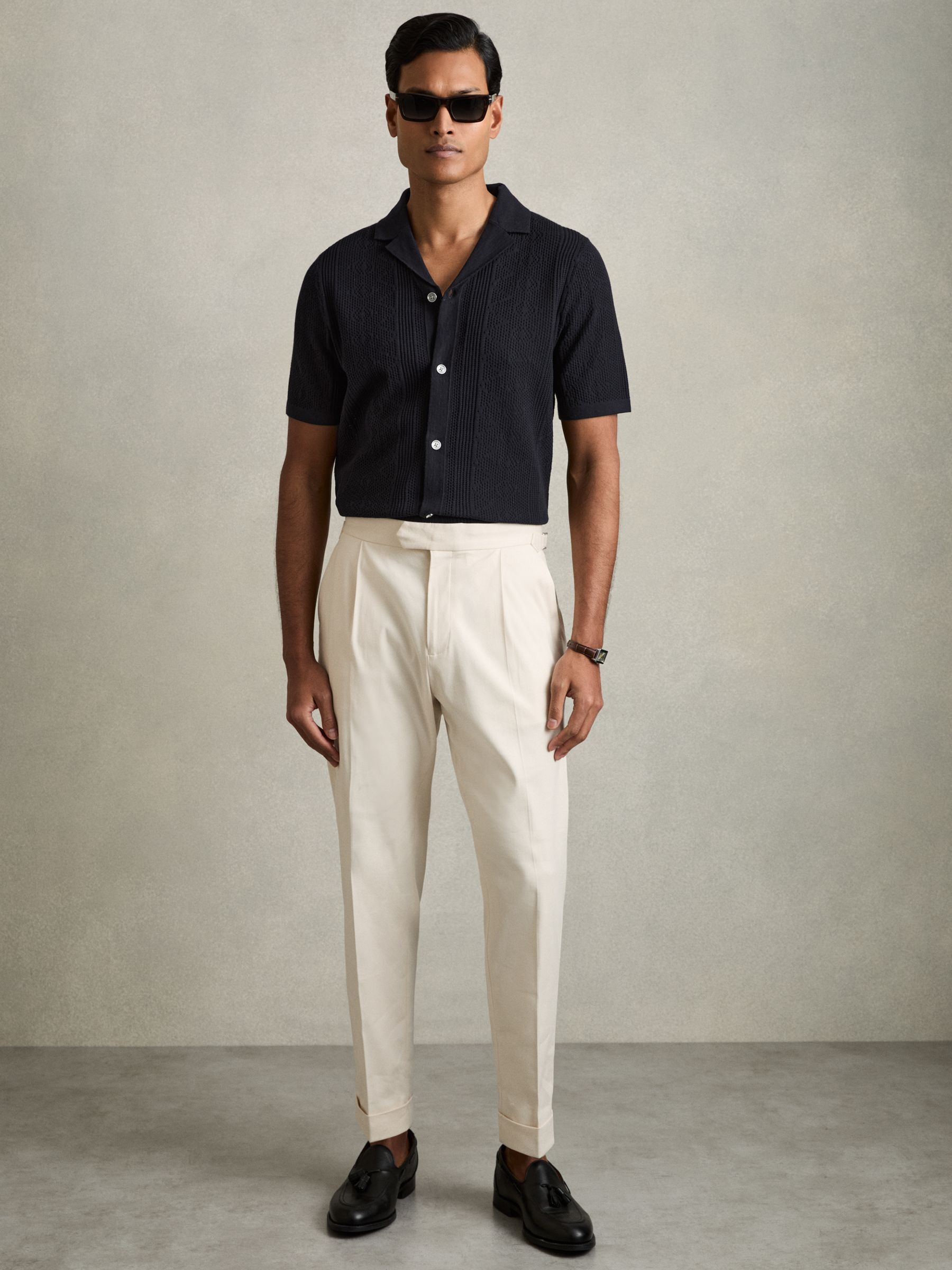 Textured-Knit Short-Sleeve Shirt in Navy