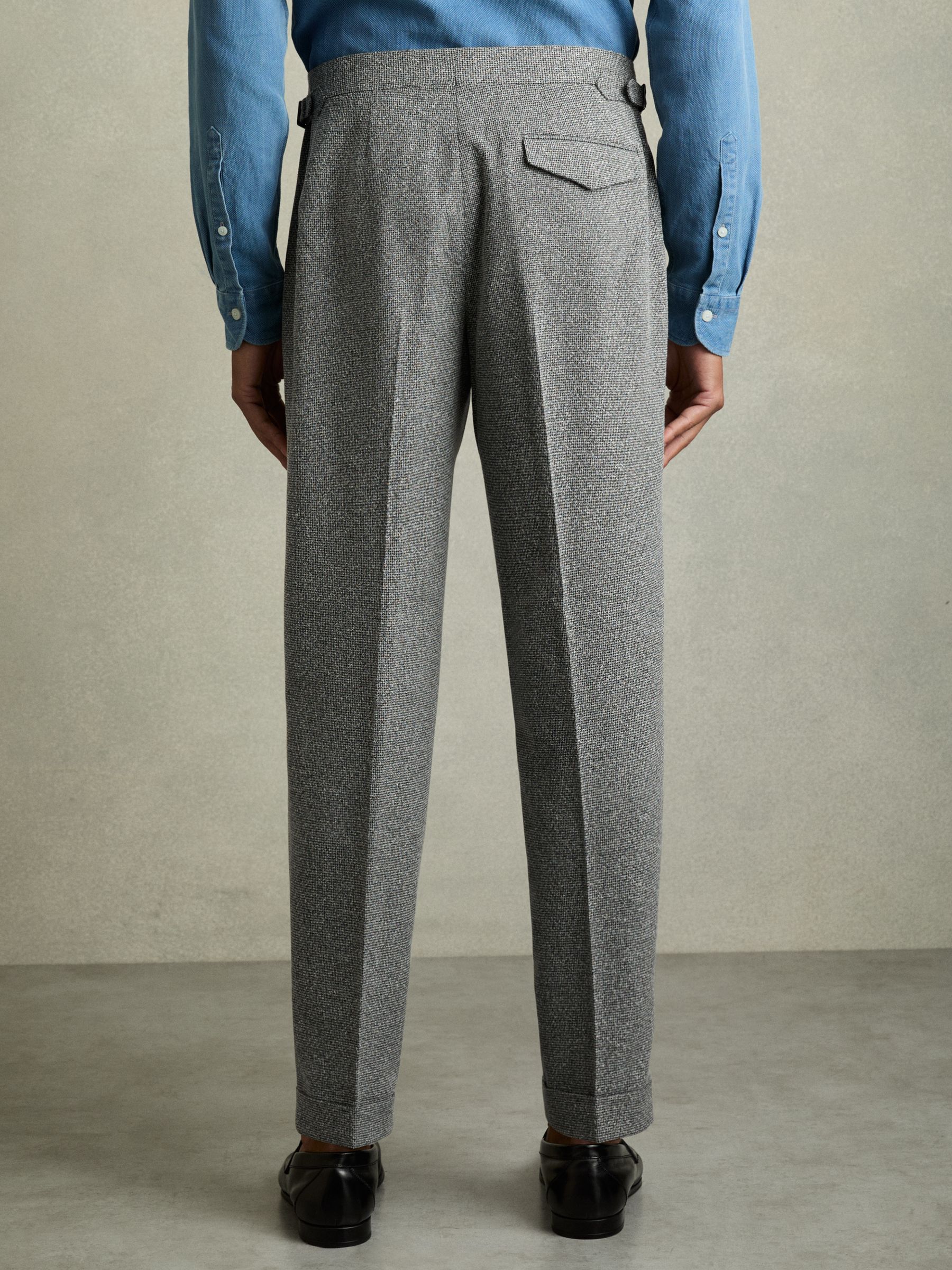 Puppytooth-Check Tailored Trousers in Soft Grey