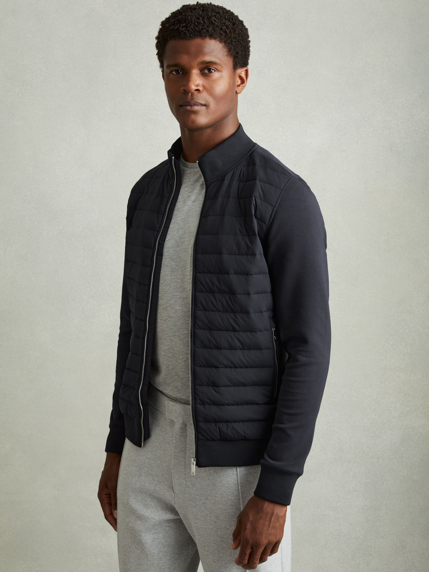 Hybrid Quilt and Knit Zip-Through Jacket in Navy