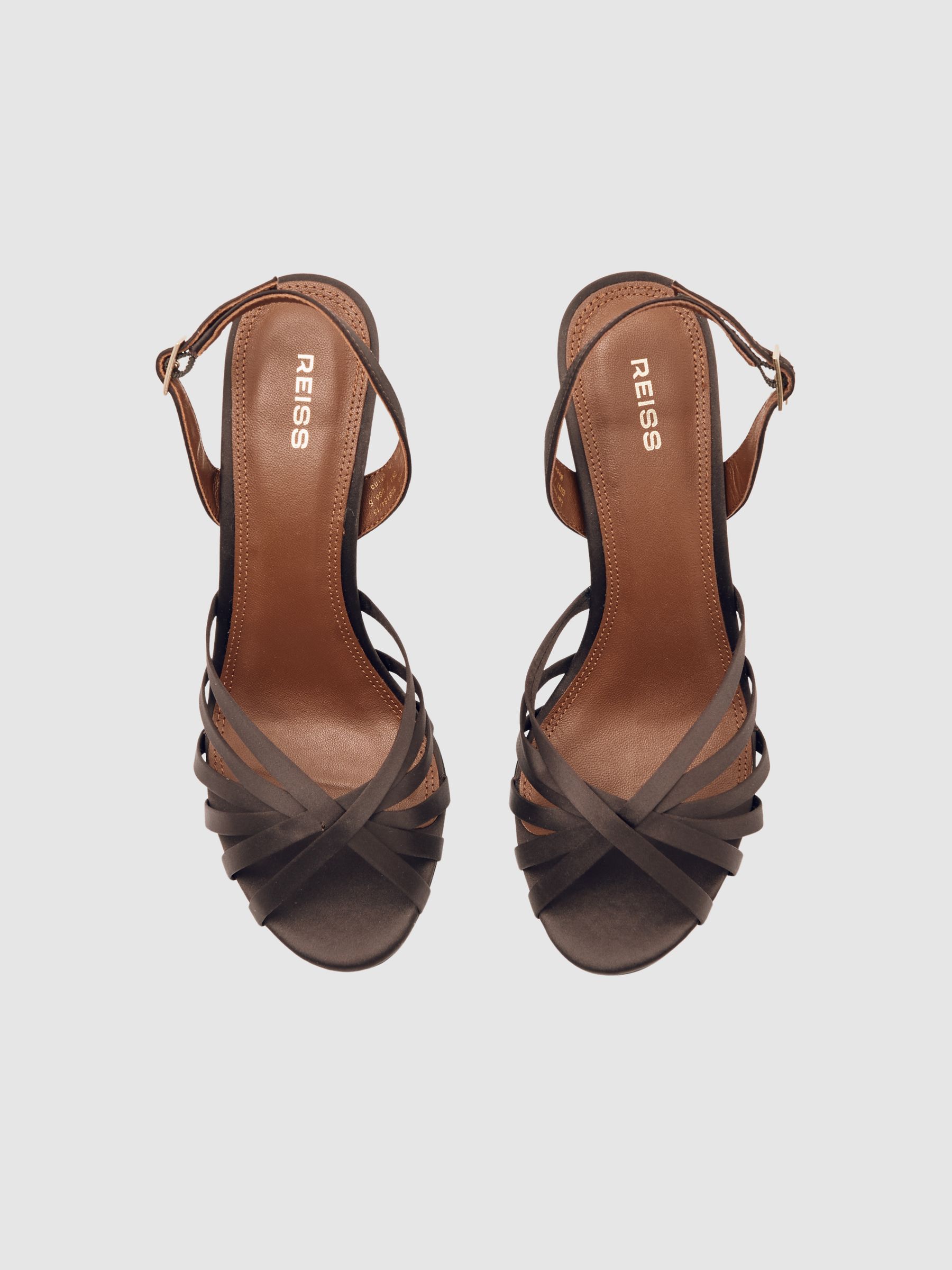 Satin Cross-Strap Heeled Sandals in Chocolate