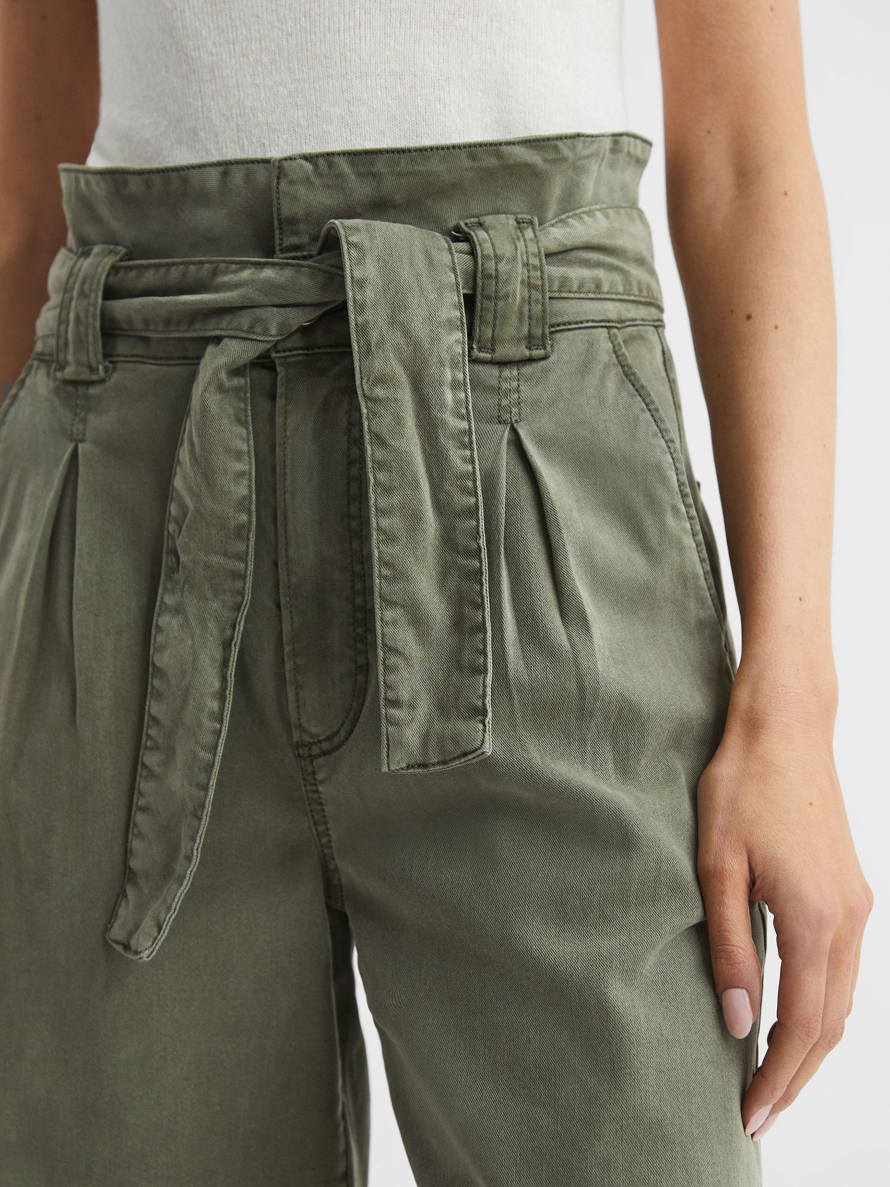 Paige High Rise Paper Bag Trousers in Vintage Ivy Green