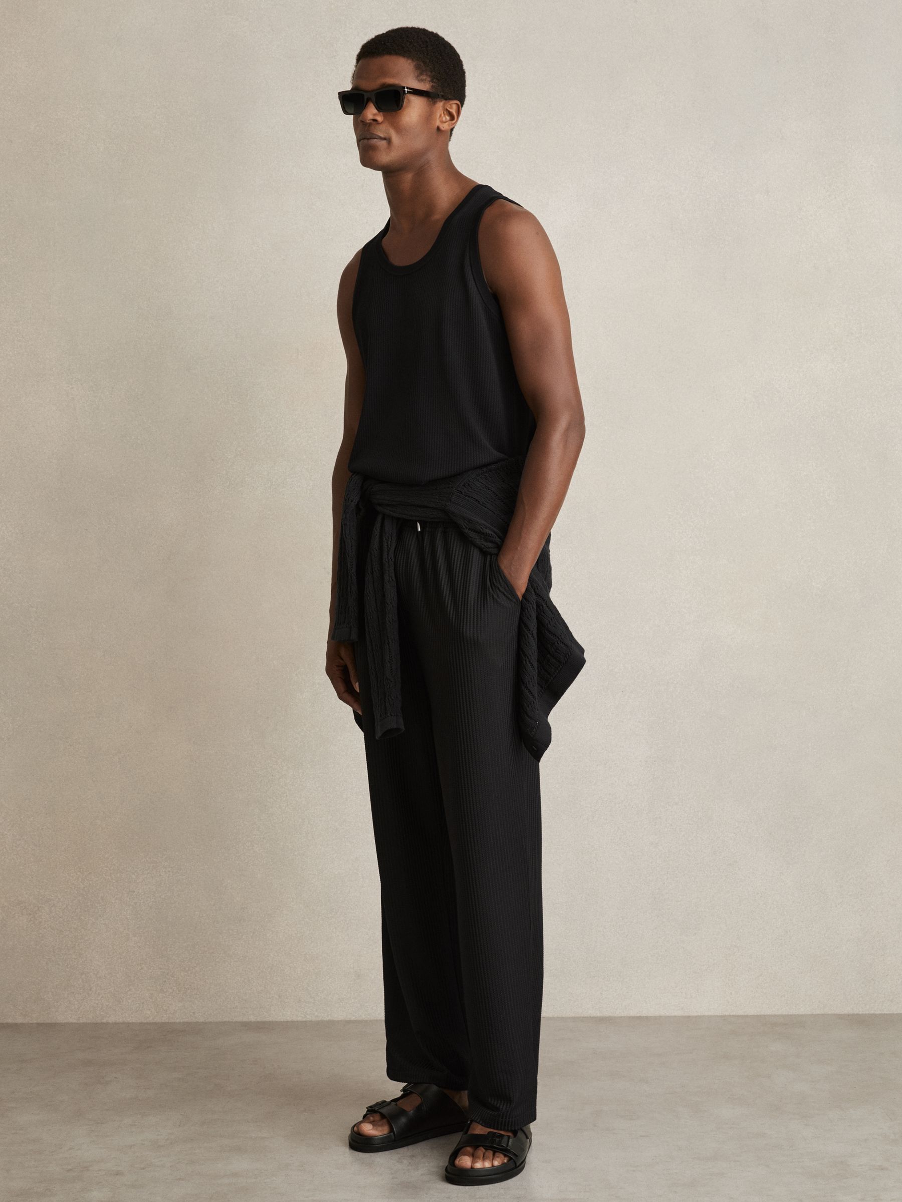 Textured Crew Neck Ribbed Vest in Black