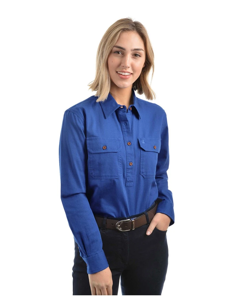 THOMAS COOK Womens Light Drill Half Placket Long Sleeve Shirt With Contrast Trims