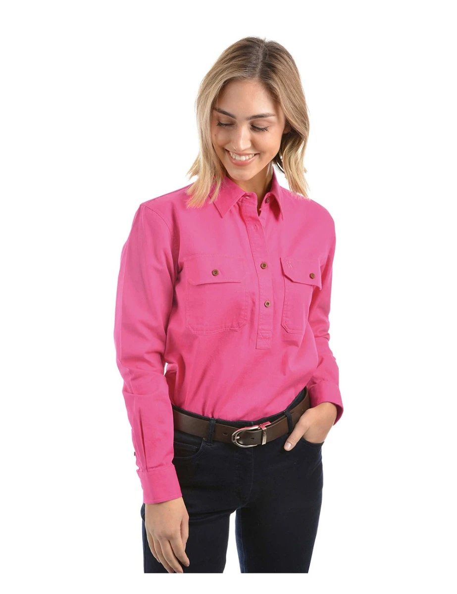THOMAS COOK Womens Light Drill Half Placket Long Sleeve Shirt With Contrast Trims