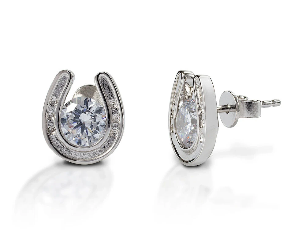 KELLY HERD Sterling Silver Horseshoe Stud Earrings Single Stone