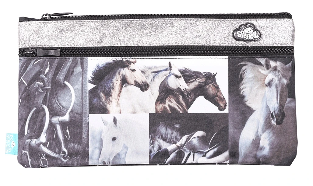 SPENCIL 2-Zip Rectangle Pencil Case - B&W Horses