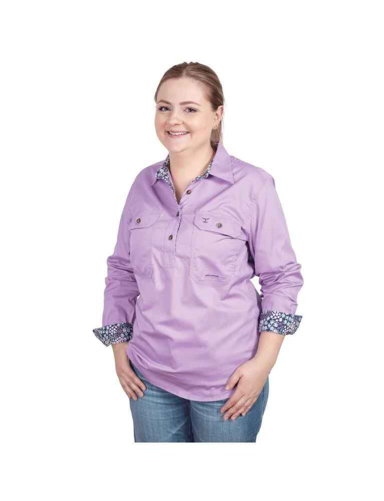 JUST COUNTRY Womens Jahna 1/2 Button Long Sleeve Trim Workshirt