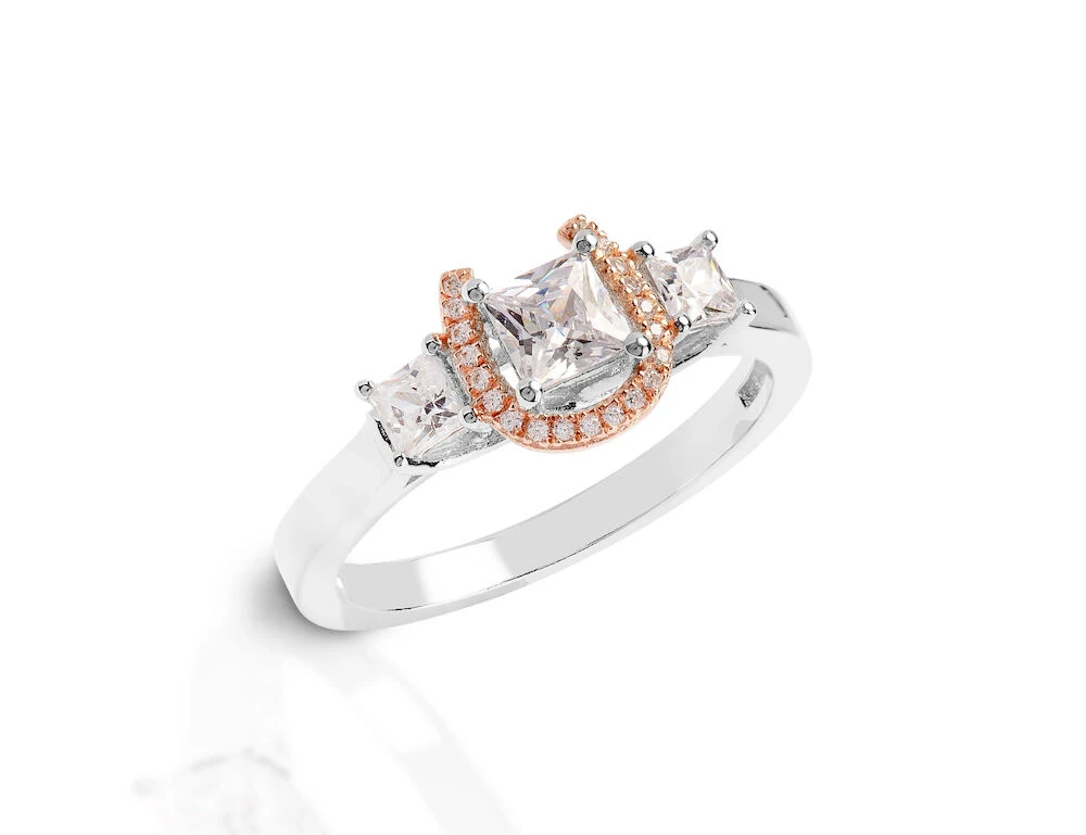 KELLY HERD Sterling Silver Small Princess Cut 3 Stone Horseshoe With Rose Gold Plated Horseshoe Ring