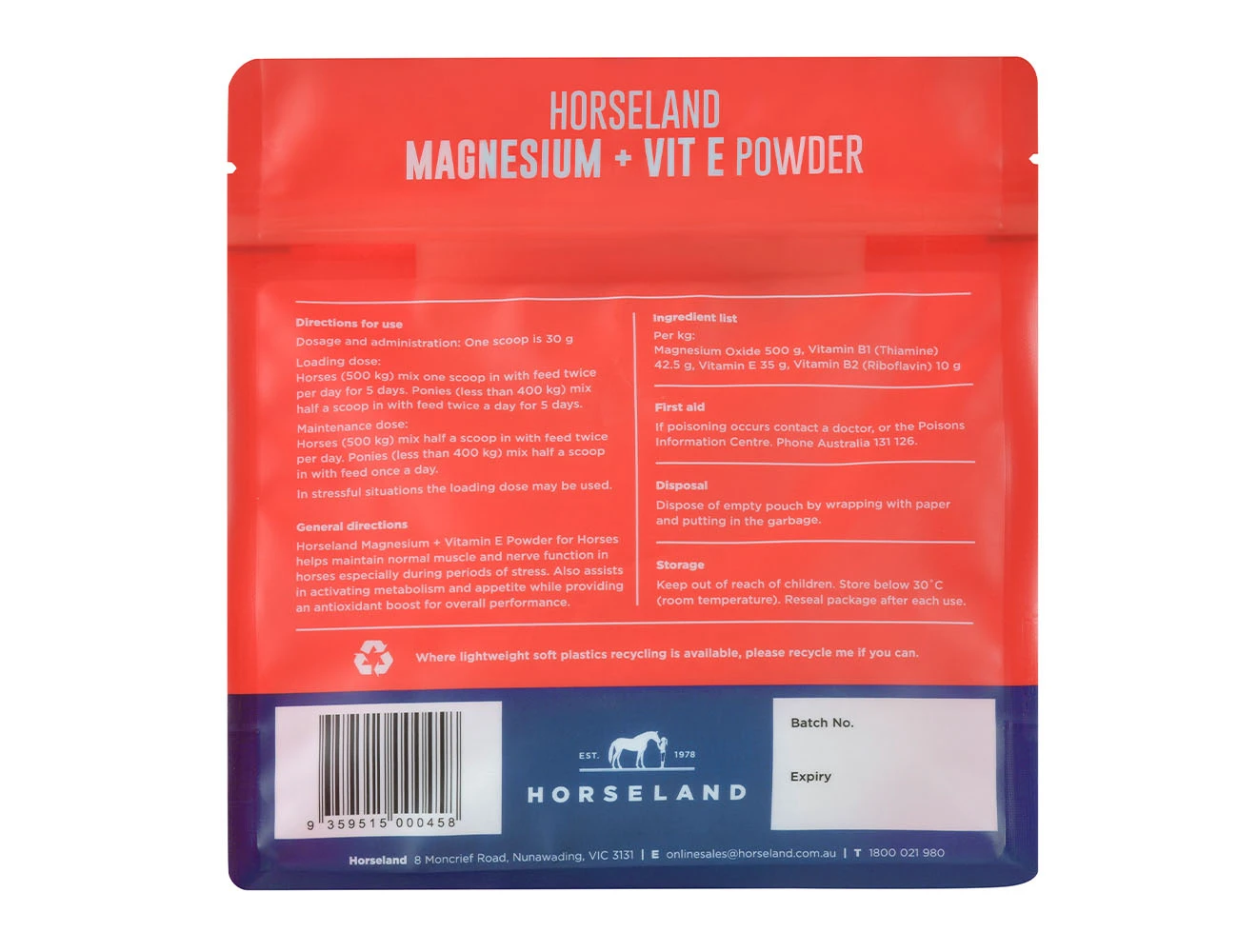 HORSELAND Magnesium + Vit E Powder - 1KG