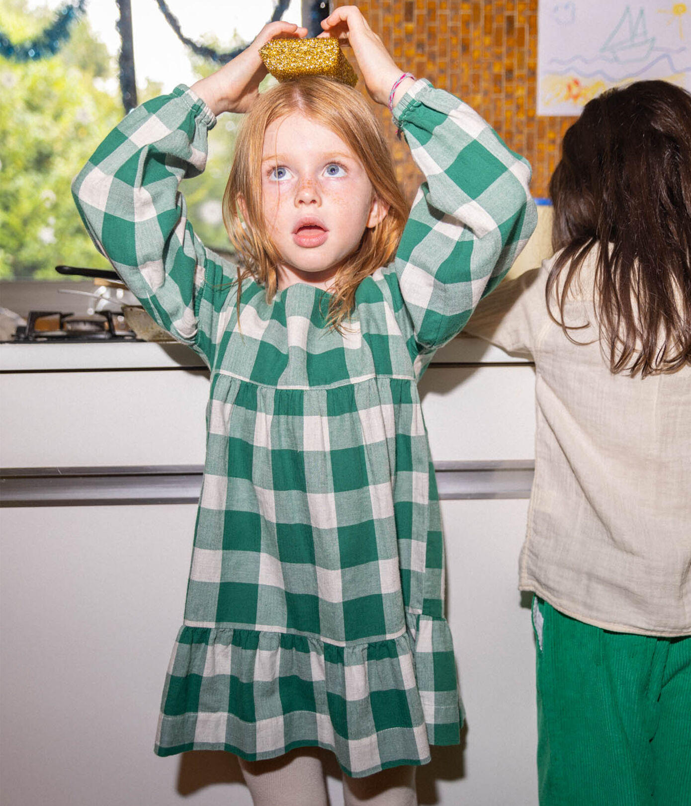 Robe à carreaux manches longues en flanelle enfant fille